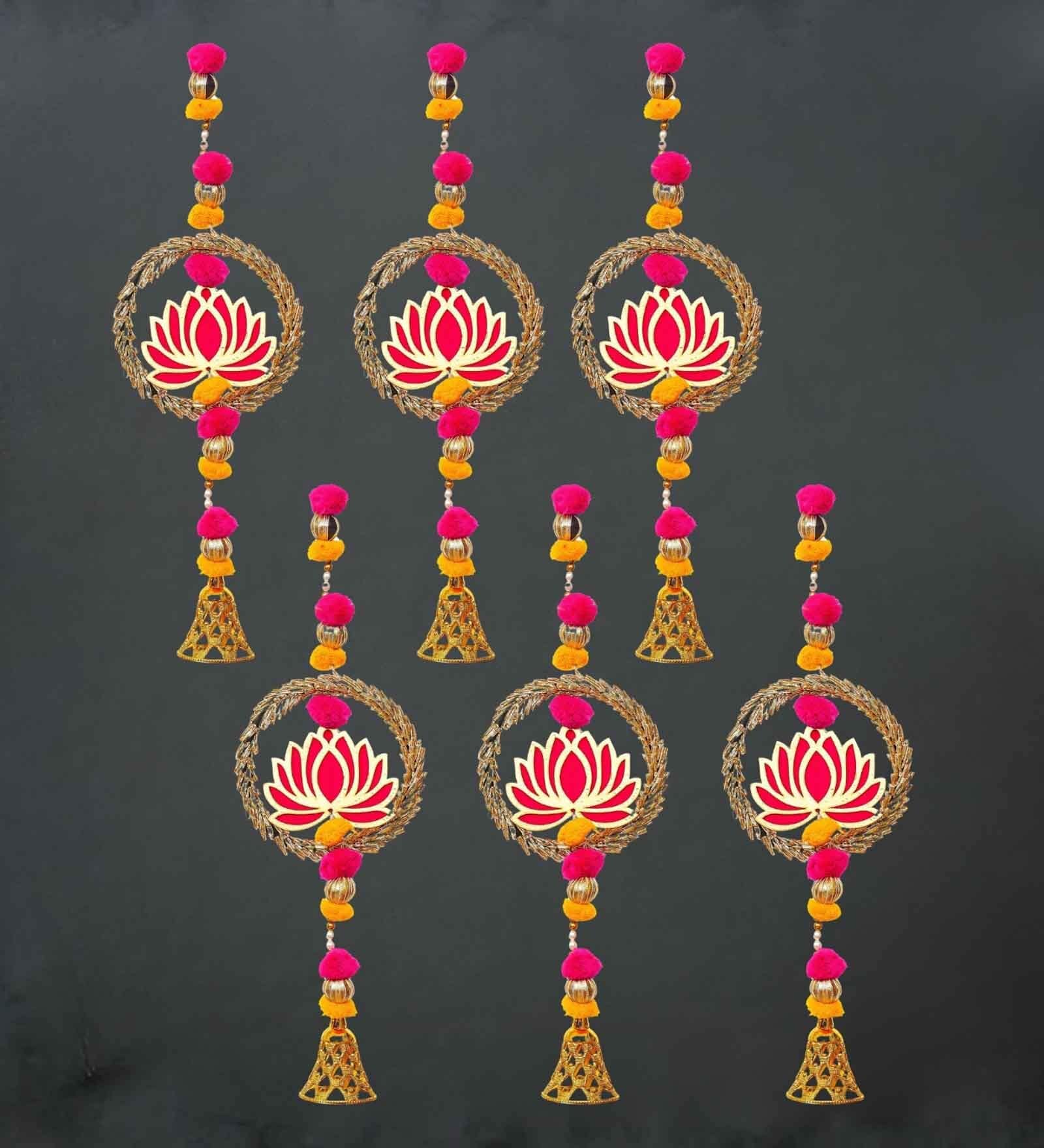 Maroon Wood Lotus in Golden Rings with Pom Pom, Bell Hangings Toran (Set of 6)