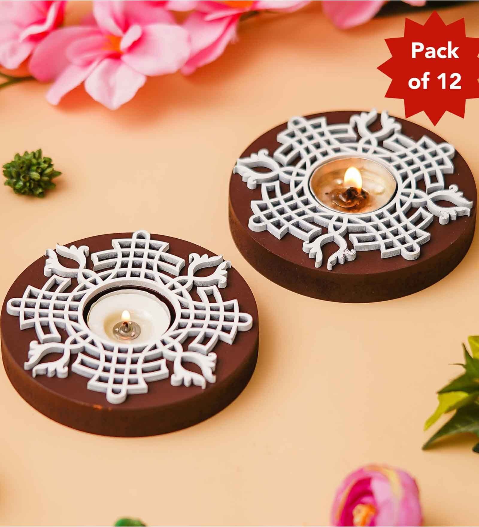 Multicolour Wood Round Wooden Block Print Tea Light Candle Holders (Set of 12)