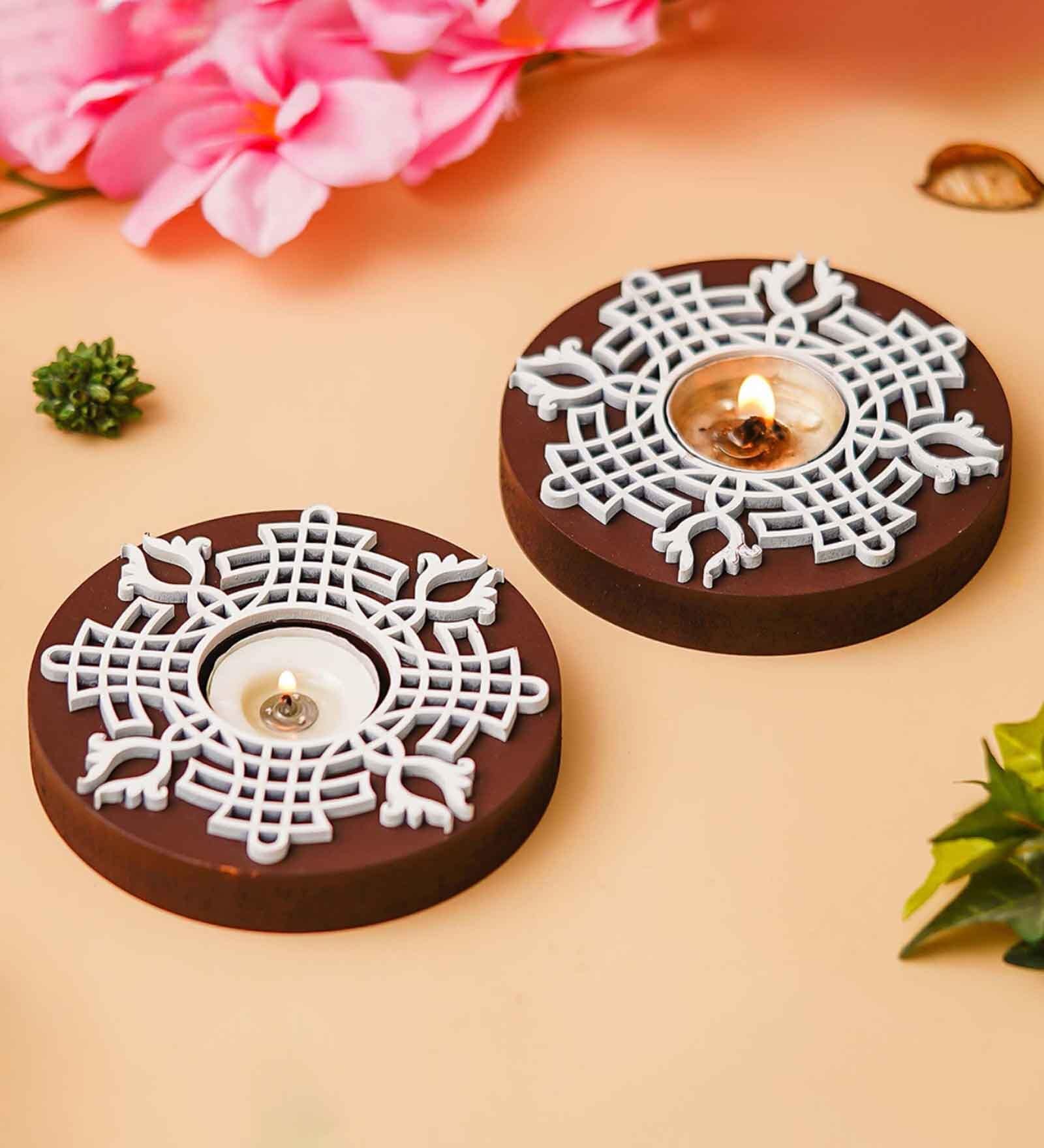 Multicolour Wood Round Wooden Block Print Tea Light Candle Holders (Set of 2)