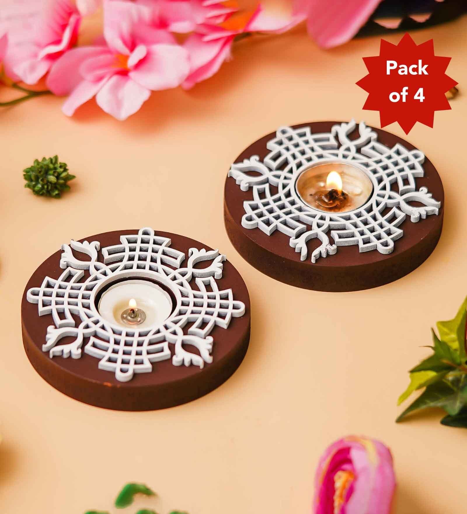 Multicolour Wood Round Wooden Block Print Tea Light Candle Holders (Set of 4)