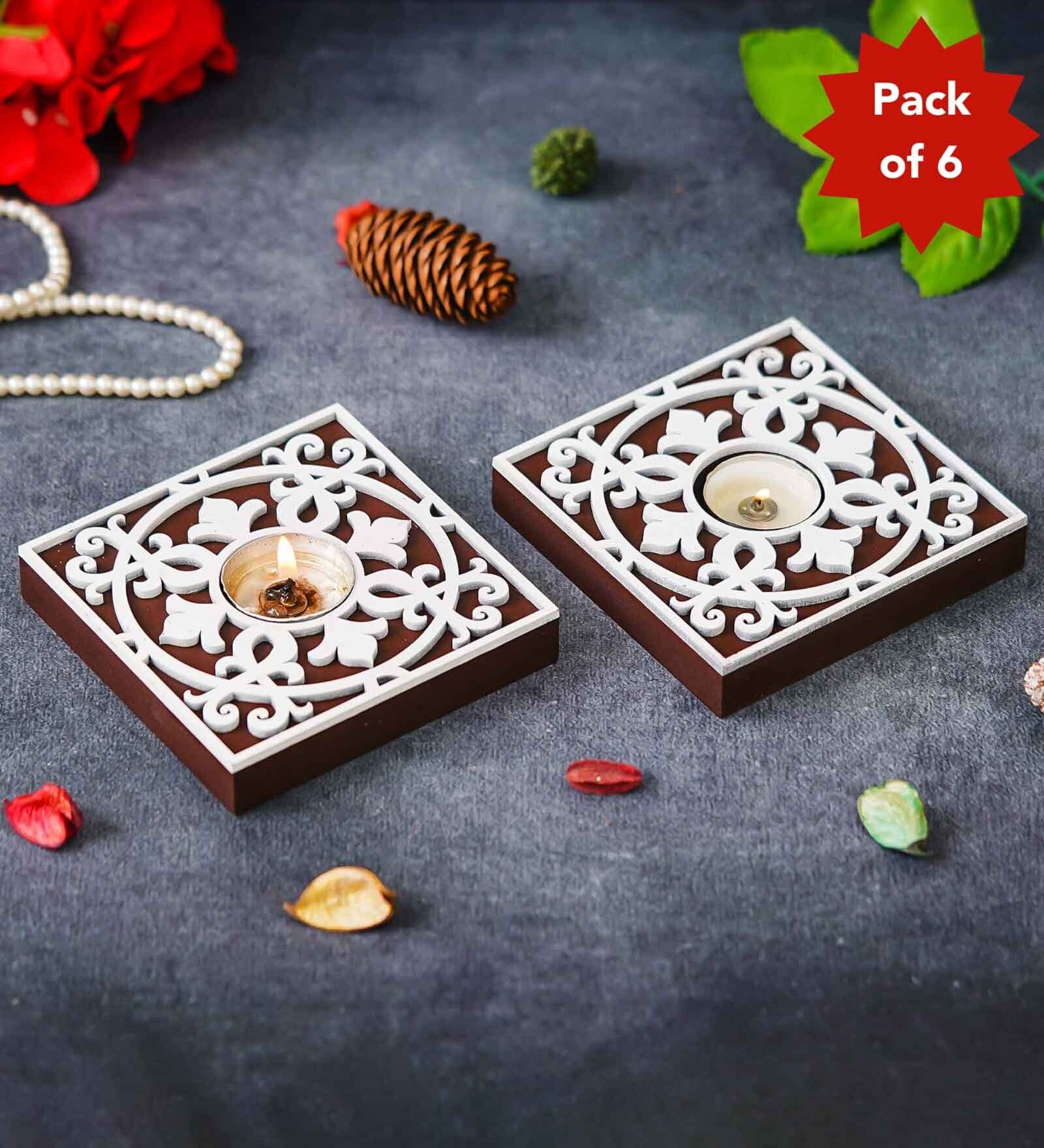 Multicolour Wood Square Wooden Floral Block Print Decorative Tea Light Holders (Set of 6)