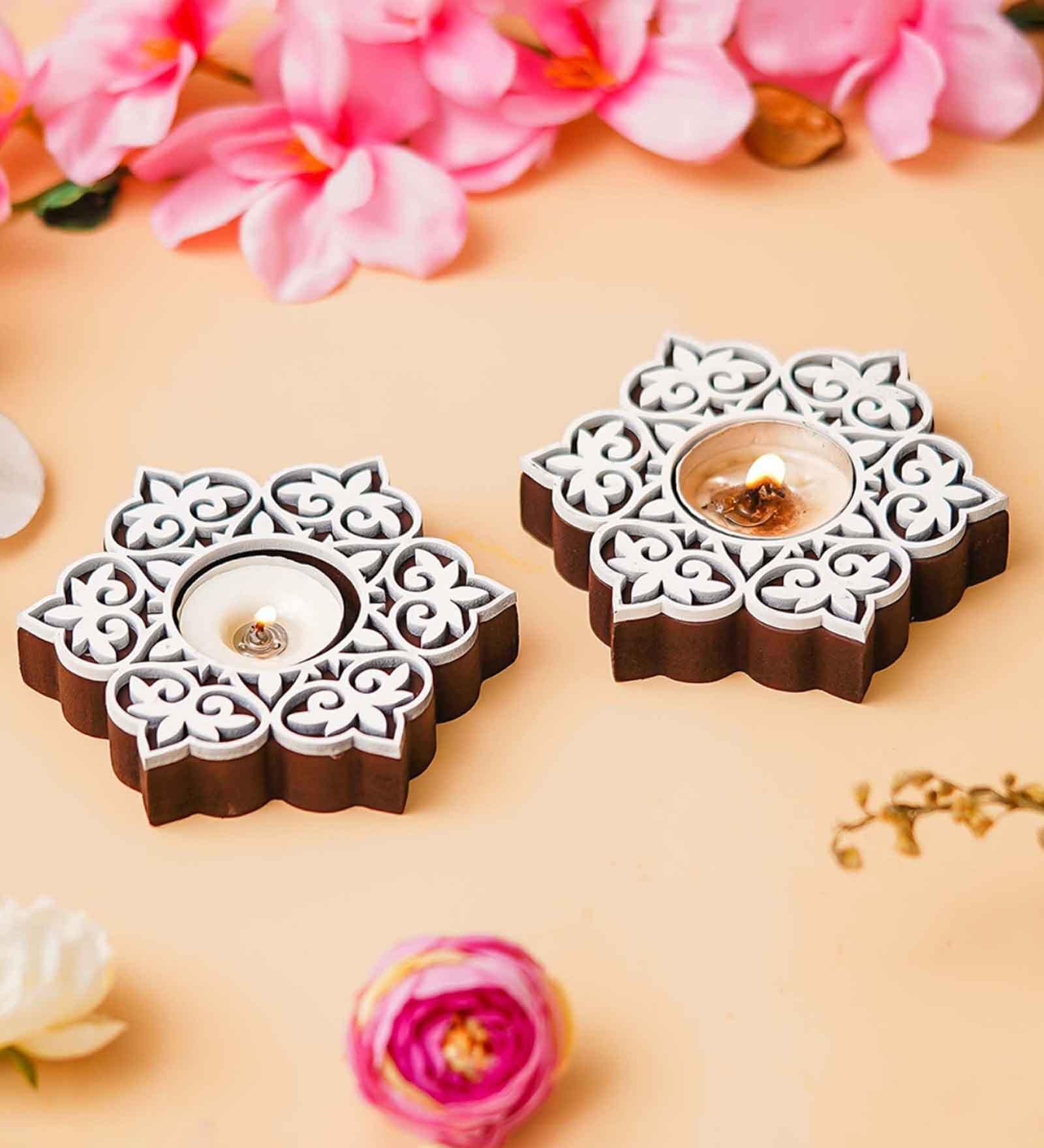 Multicolour Wood Wooden Floral Printing Block Decorative Tea Light Candle Holders (Set of 2)