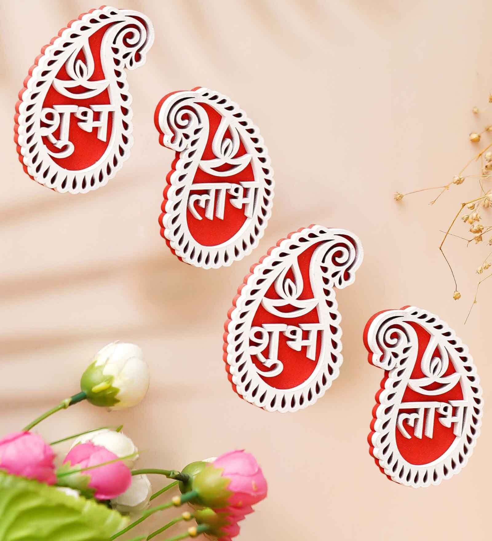 Maroon Wood Wooden Shubh Labh Diya Decorative Showpieces for Diwali Home Decoration (Set of 2)