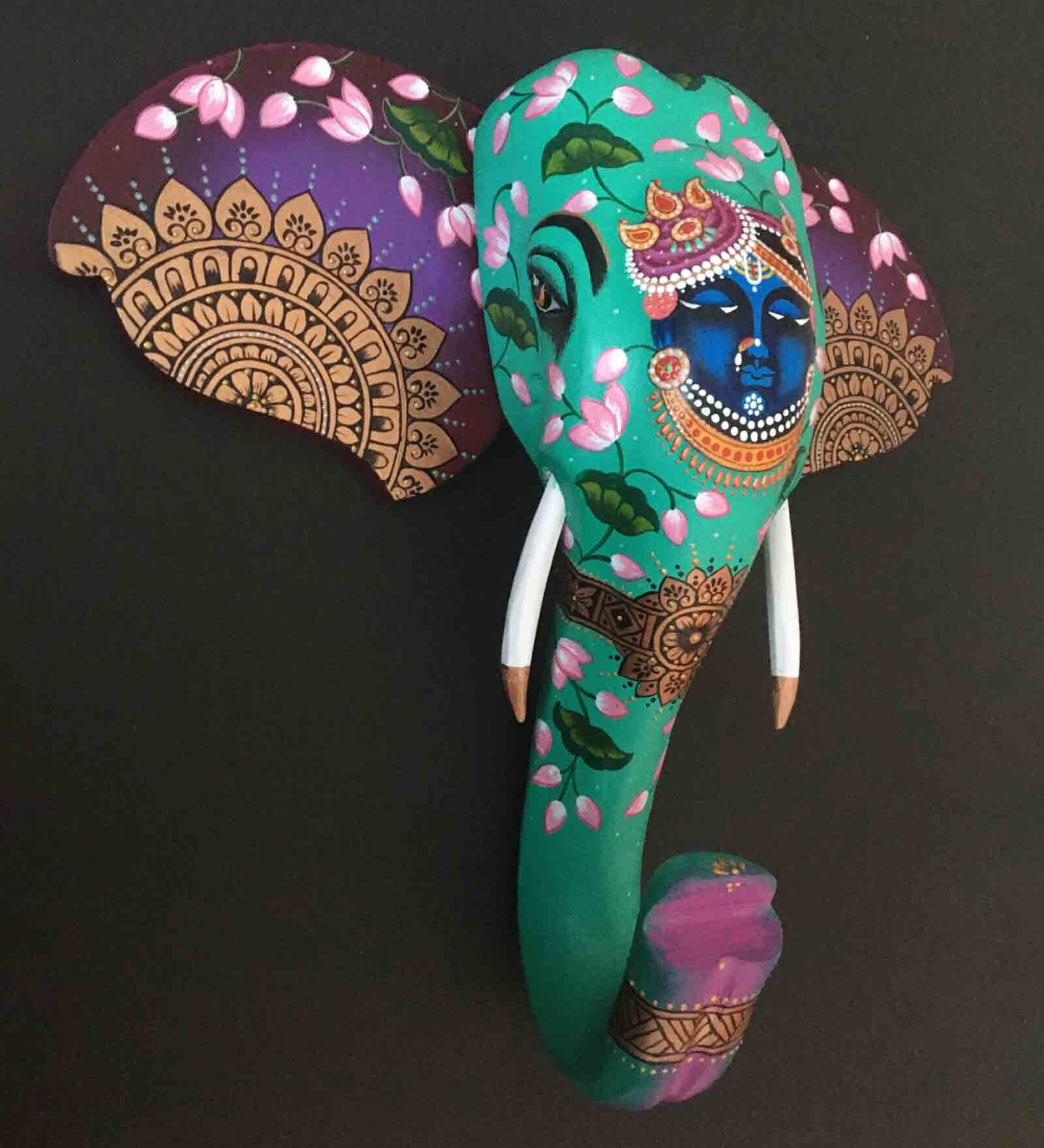 Multicolour Handmade & Handpainted Wooden Pichwai Elephant Head
