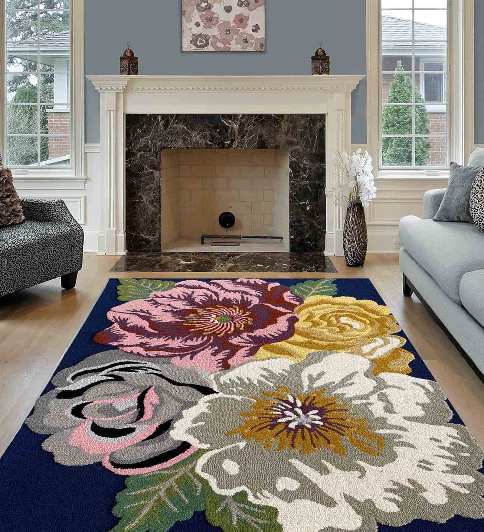 Blue Floral Wool 5 ft x 7 ft Hand Woven Carpet