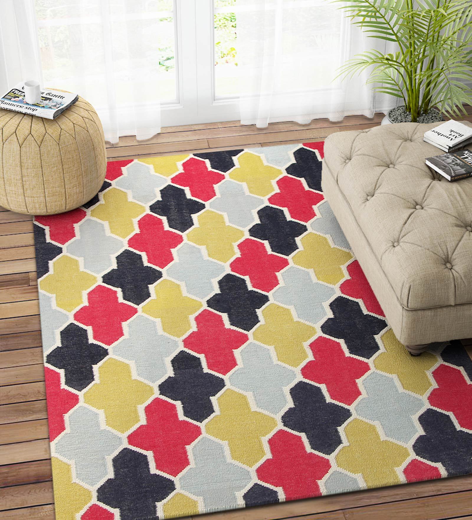 Multicolor Wool 4 ft X 6 ft Hand Woven Dhurrie