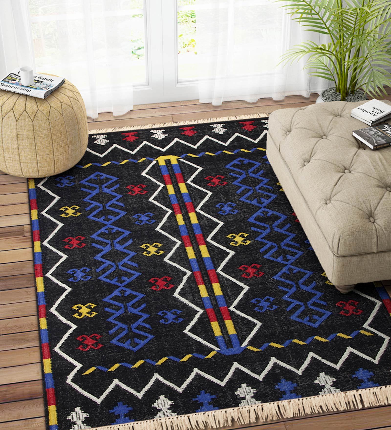 Multicolor Wool 5 ft X 8 ft Hand Woven Dhurrie