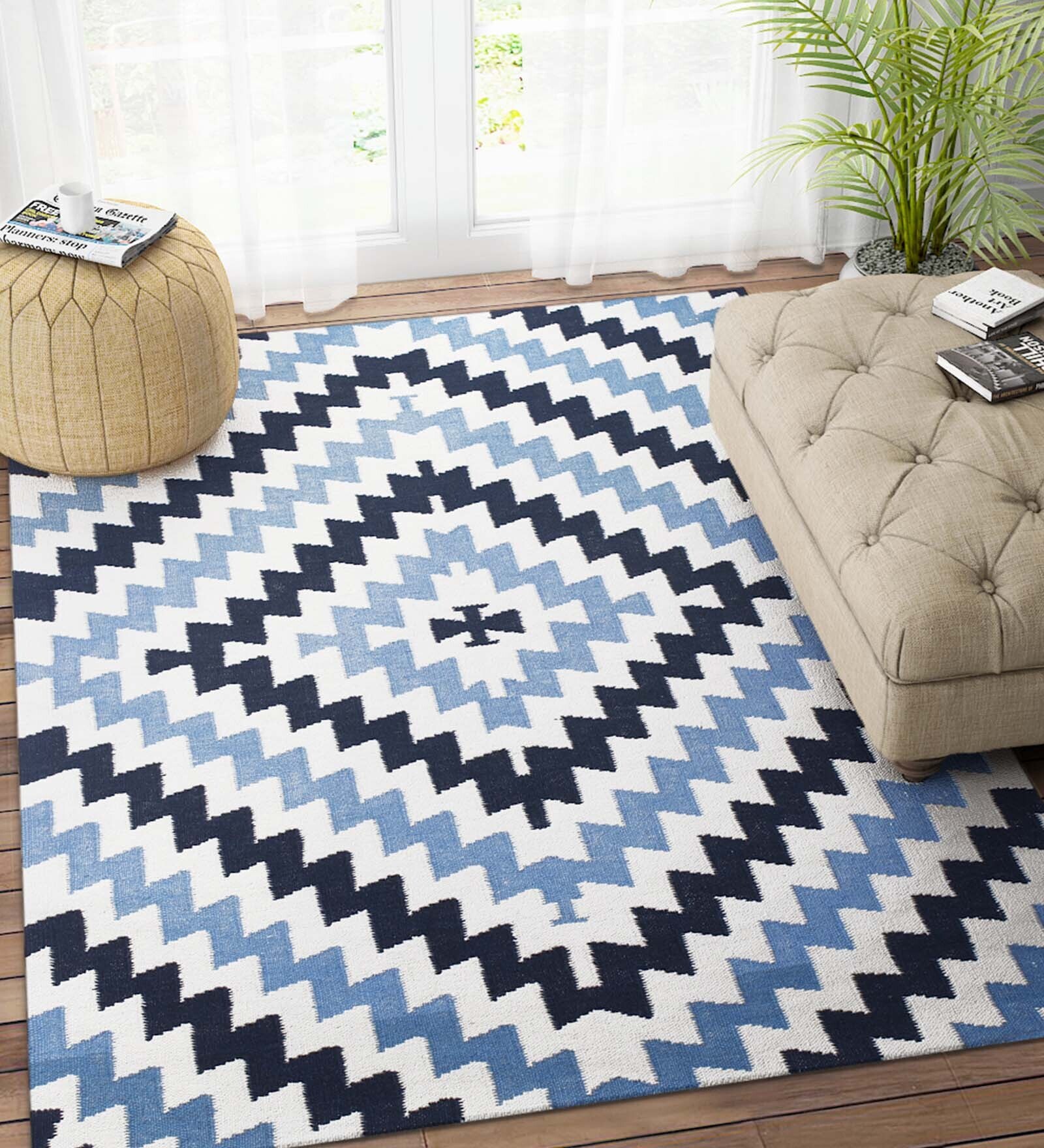 Blue Wool 4 ft X 6 ft Hand Woven Dhurrie