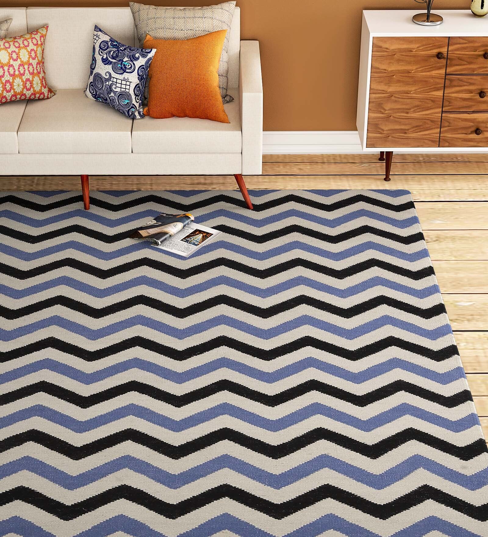 Blue Wool 4 ft X 6 ft Hand Woven Dhurrie