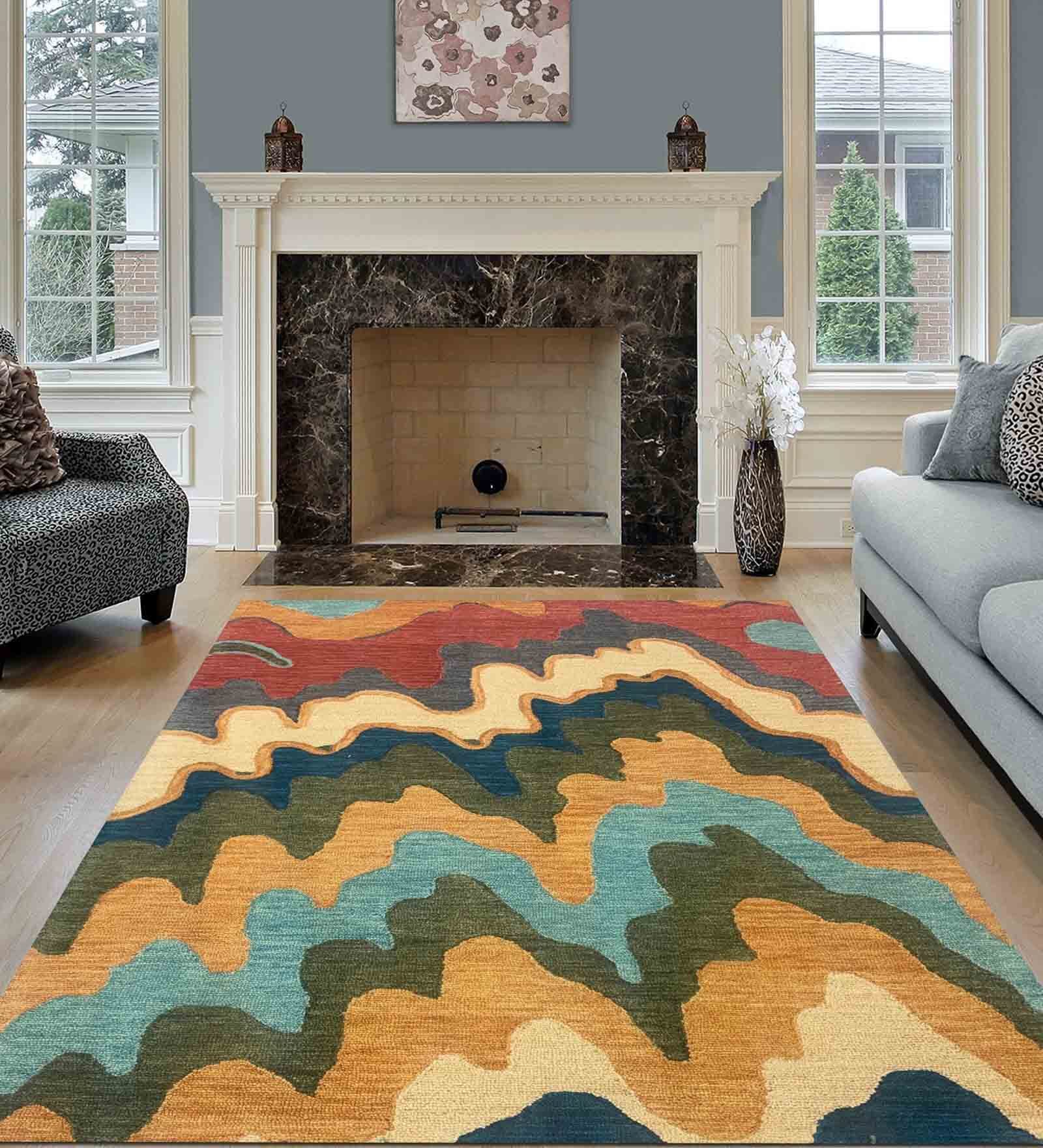 Multicolor Abstract Wool 5 ft x 7 ft Hand Woven Carpet