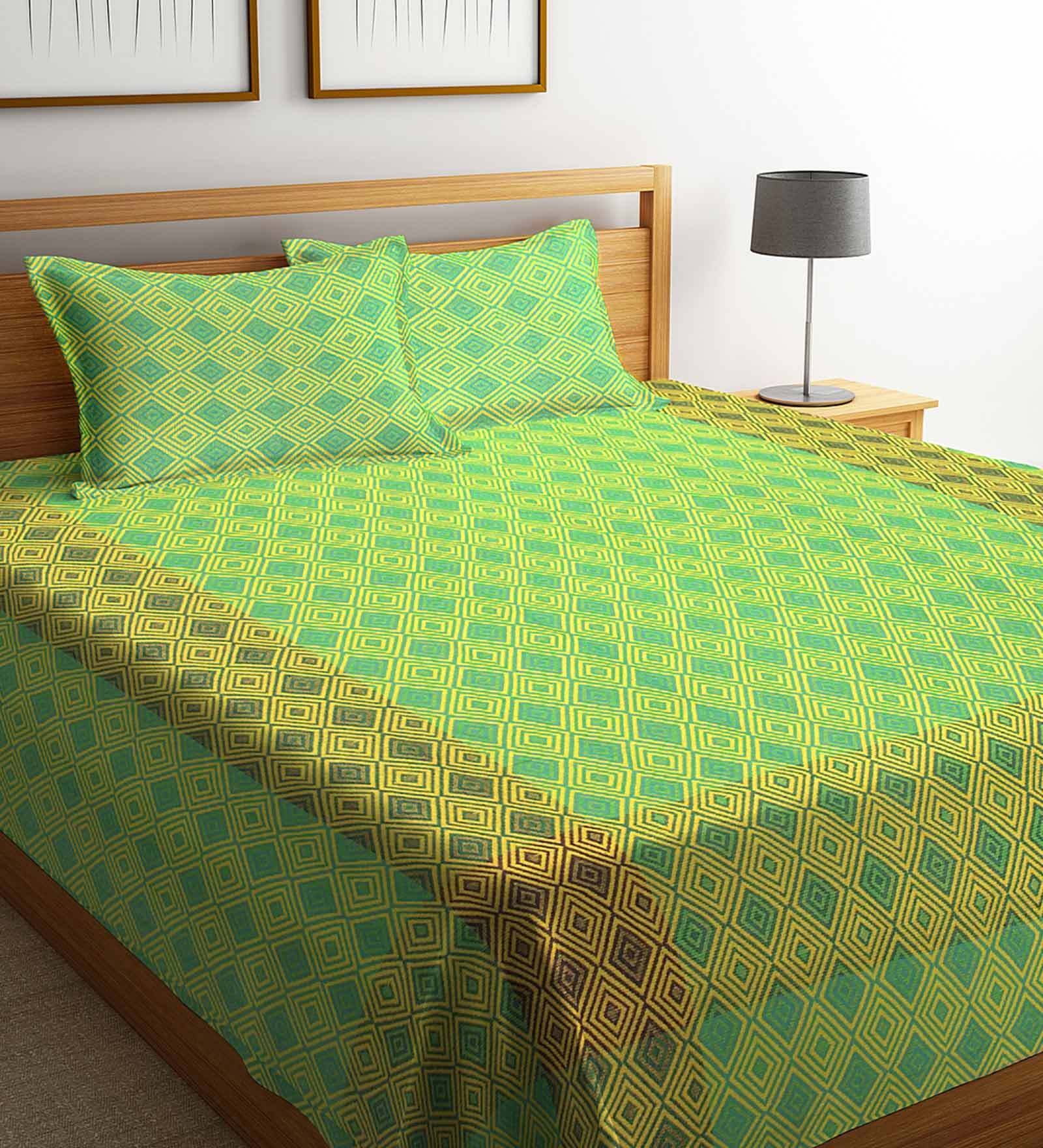 Buy Green Geometric 300 TC Cotton Double Bed Cover with 2 Pillow Covers
