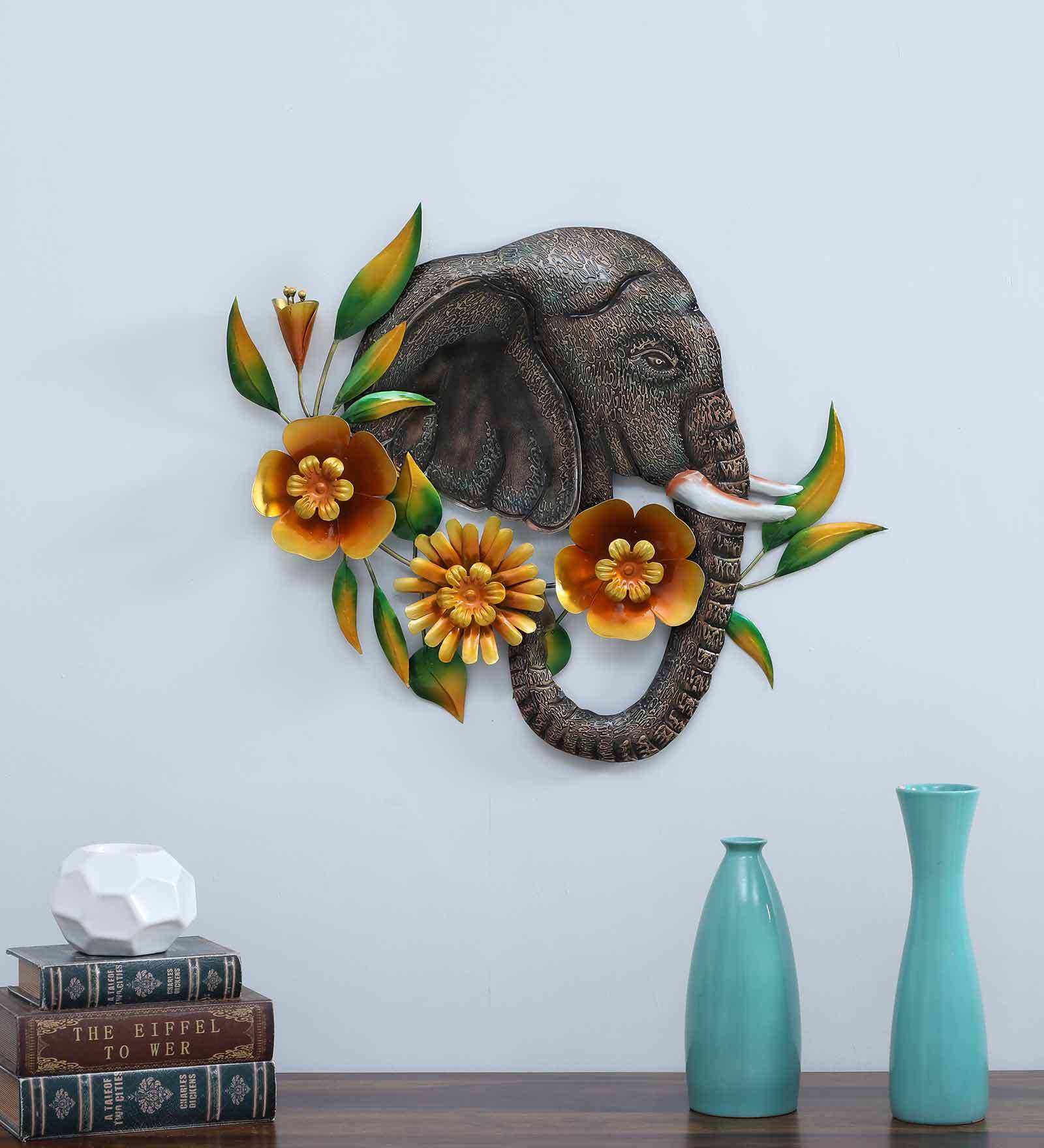 Multicolour Wrought Iron Painted Elephant Flowers 3D Wall Decor