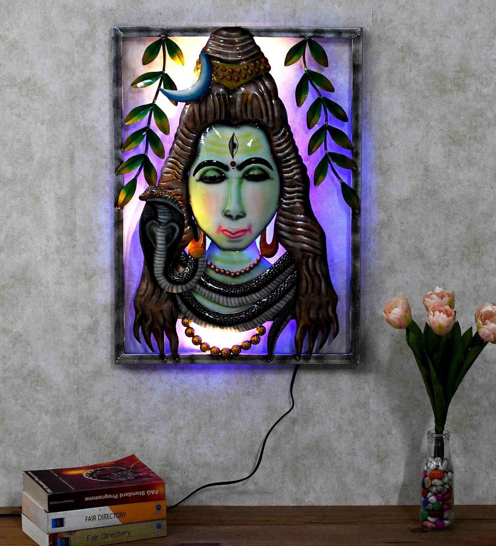 Multicolour Wrought Iron Painted Lord Shiva 3D Wall Art With Led