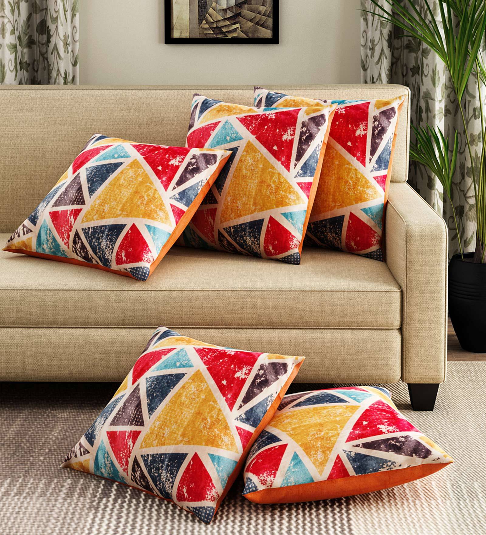Multicolour Velvet Geometric 16x16 inches Cushion Cover (5Pc)