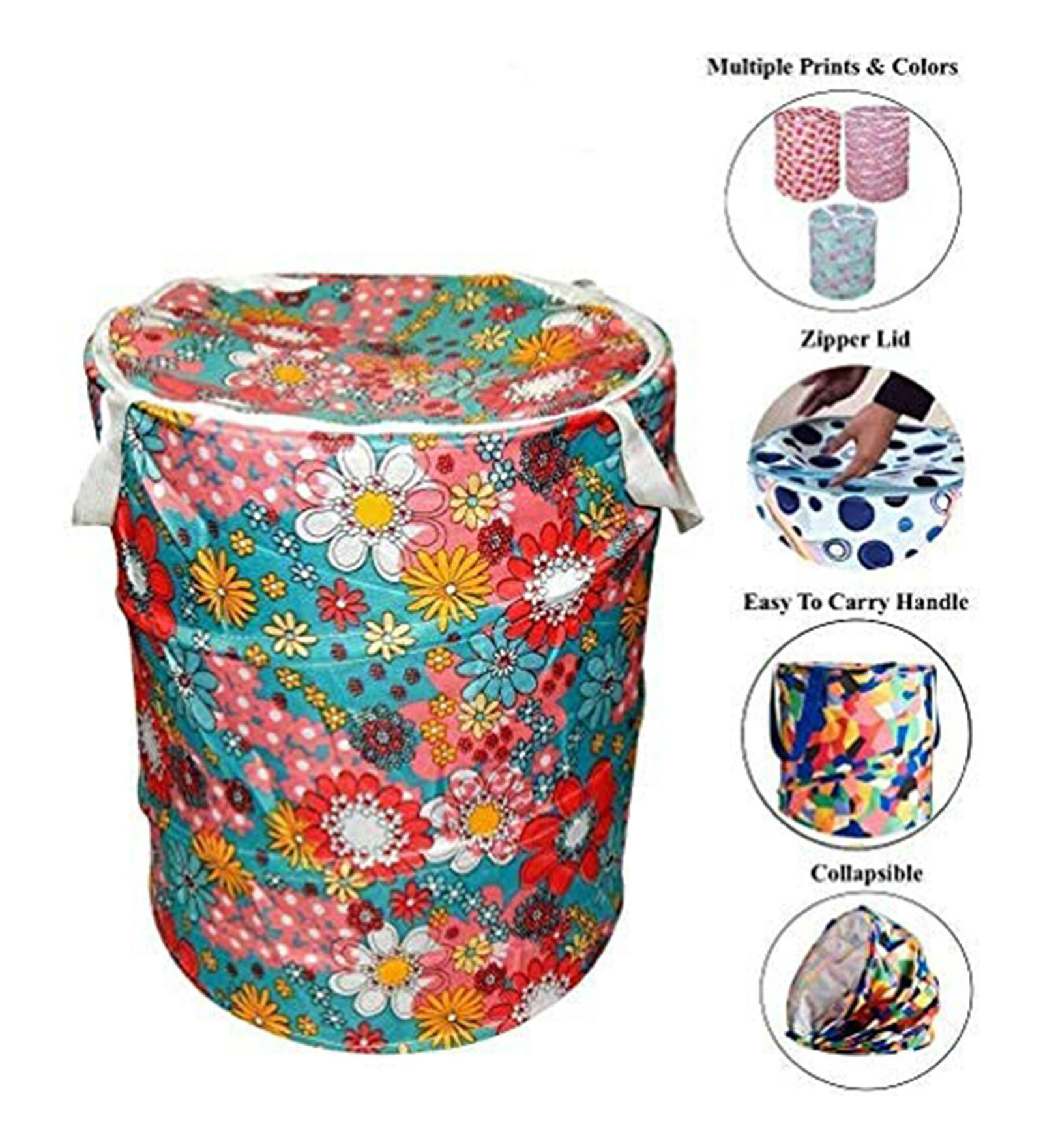 Multipurpose Foldable and Collapsible Pop-Up Round Laundry Bag Basket with Zippered Lid  Assorted Colours