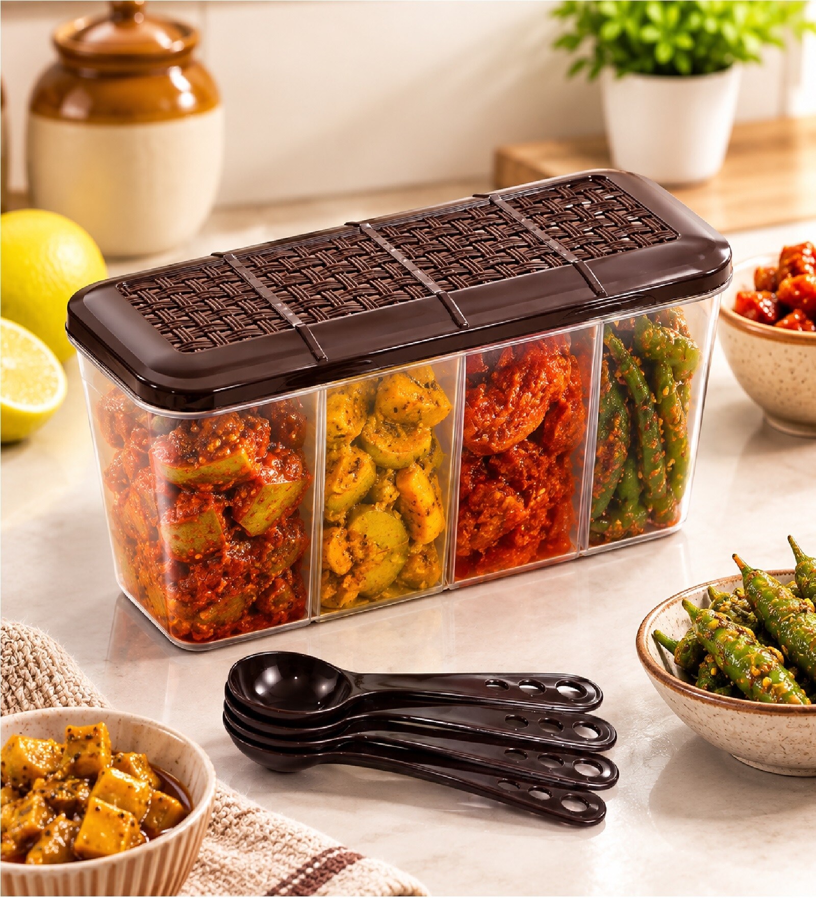 Multipurpose Plastic 4 Compartment Storage Airtight Container with 4 Spoons (1800 Ml)