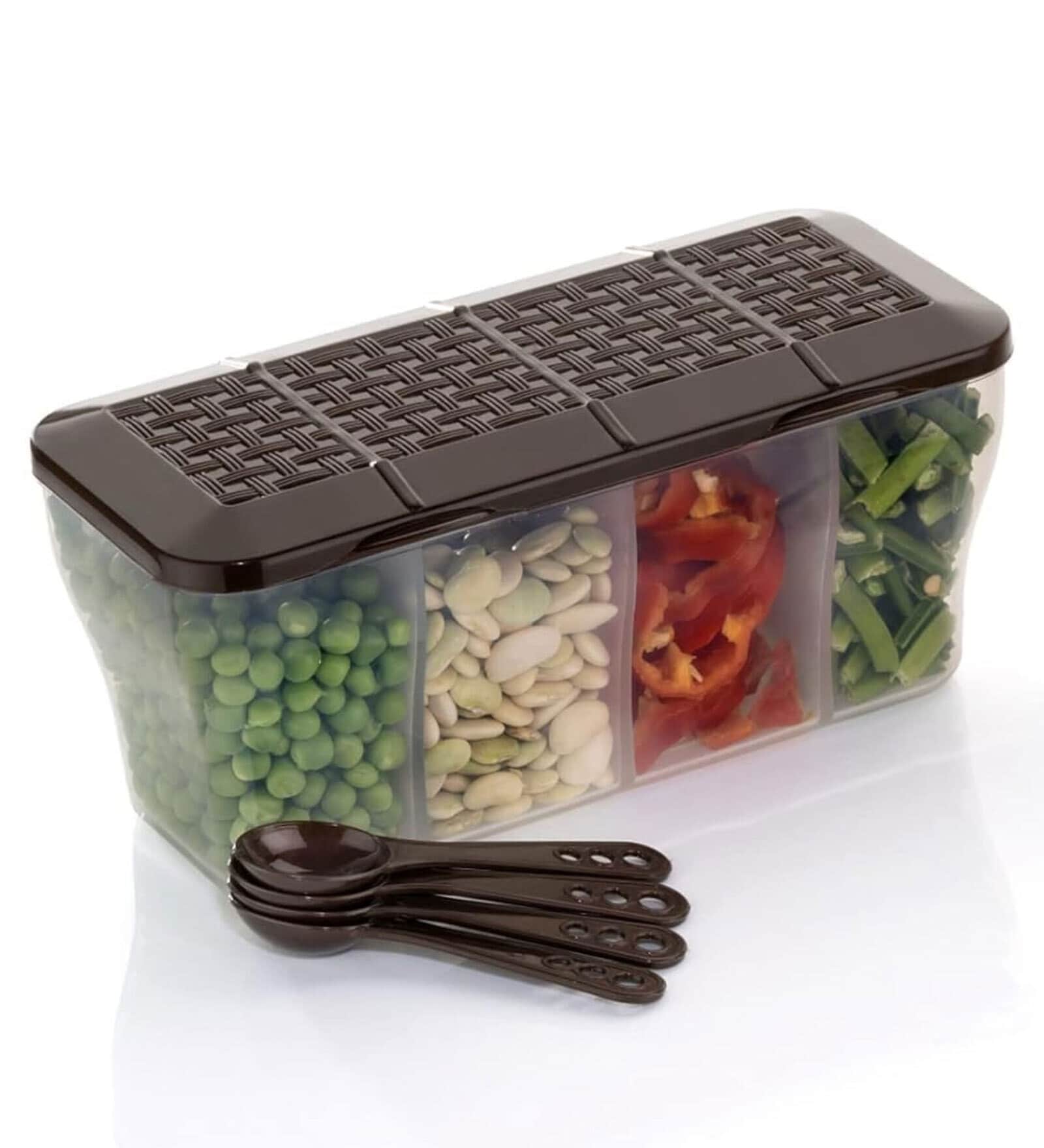 Multipurpose Plastic 4 Compartment Storage Airtight Container with 4 Spoons (1800 Ml)