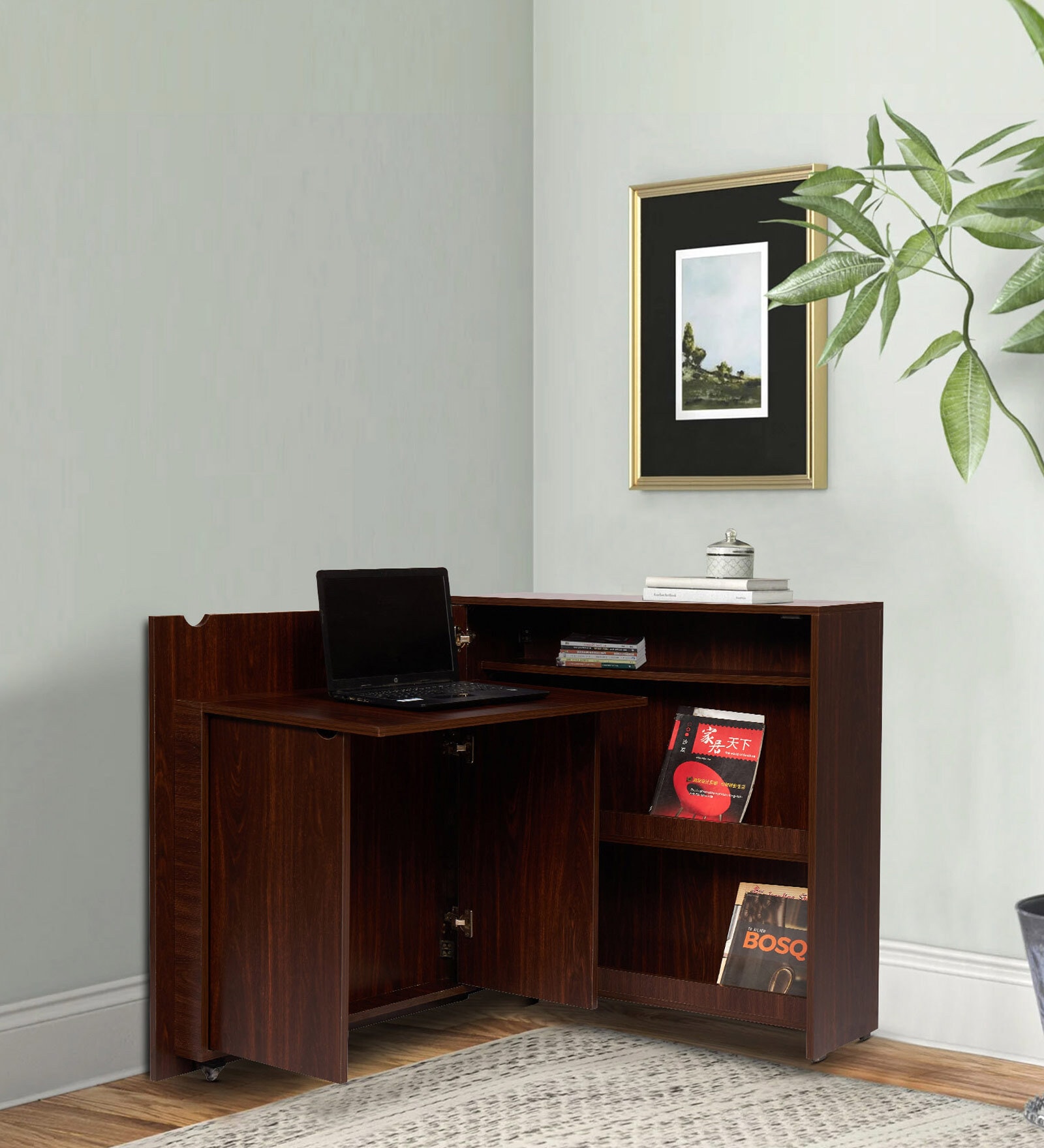 Murphy Foldable Writing Table In Brown Teak Finish