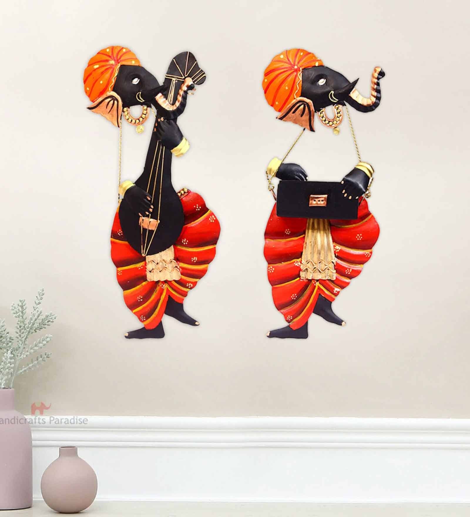 Musician Ganesha Multicolour Iron (Pack of 4) Wall Art