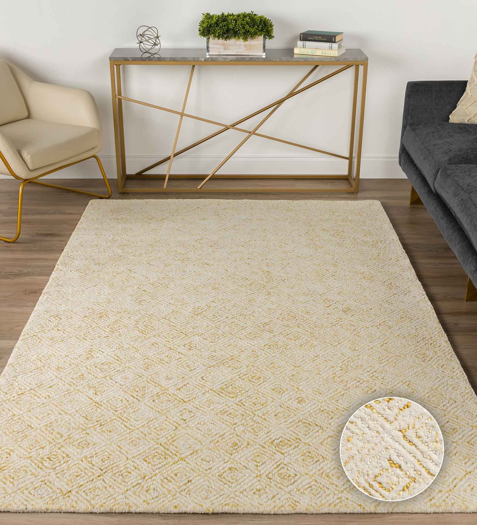 Mustard & off White Abstract Wool 6 x 9 Feet Hand Tufted Carpet