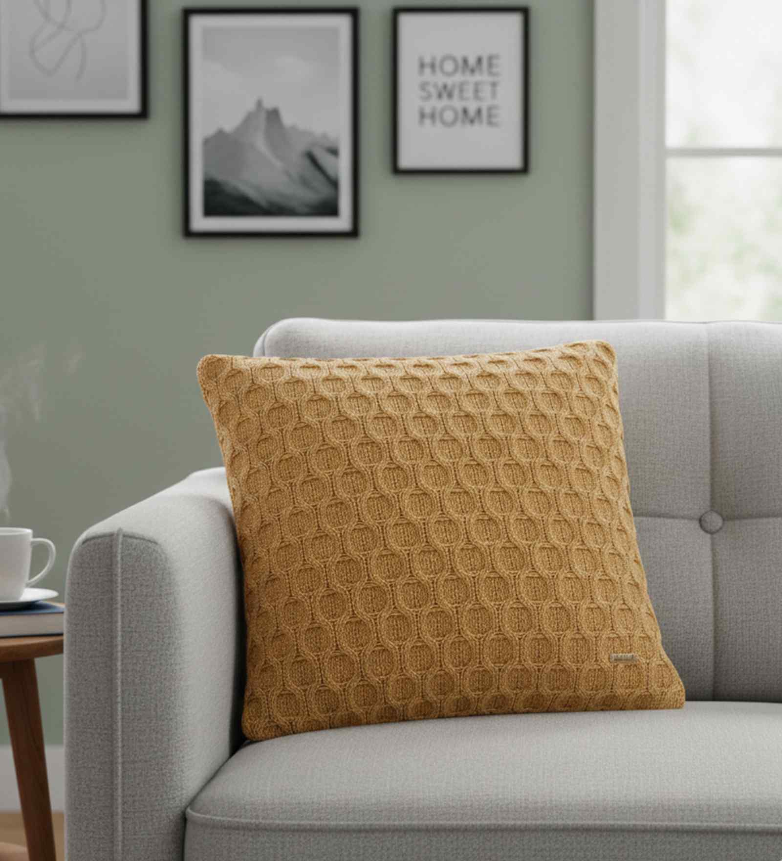 Mustard 100% Cotton Kelly 16X16 Inches Knitted Cushion Cover