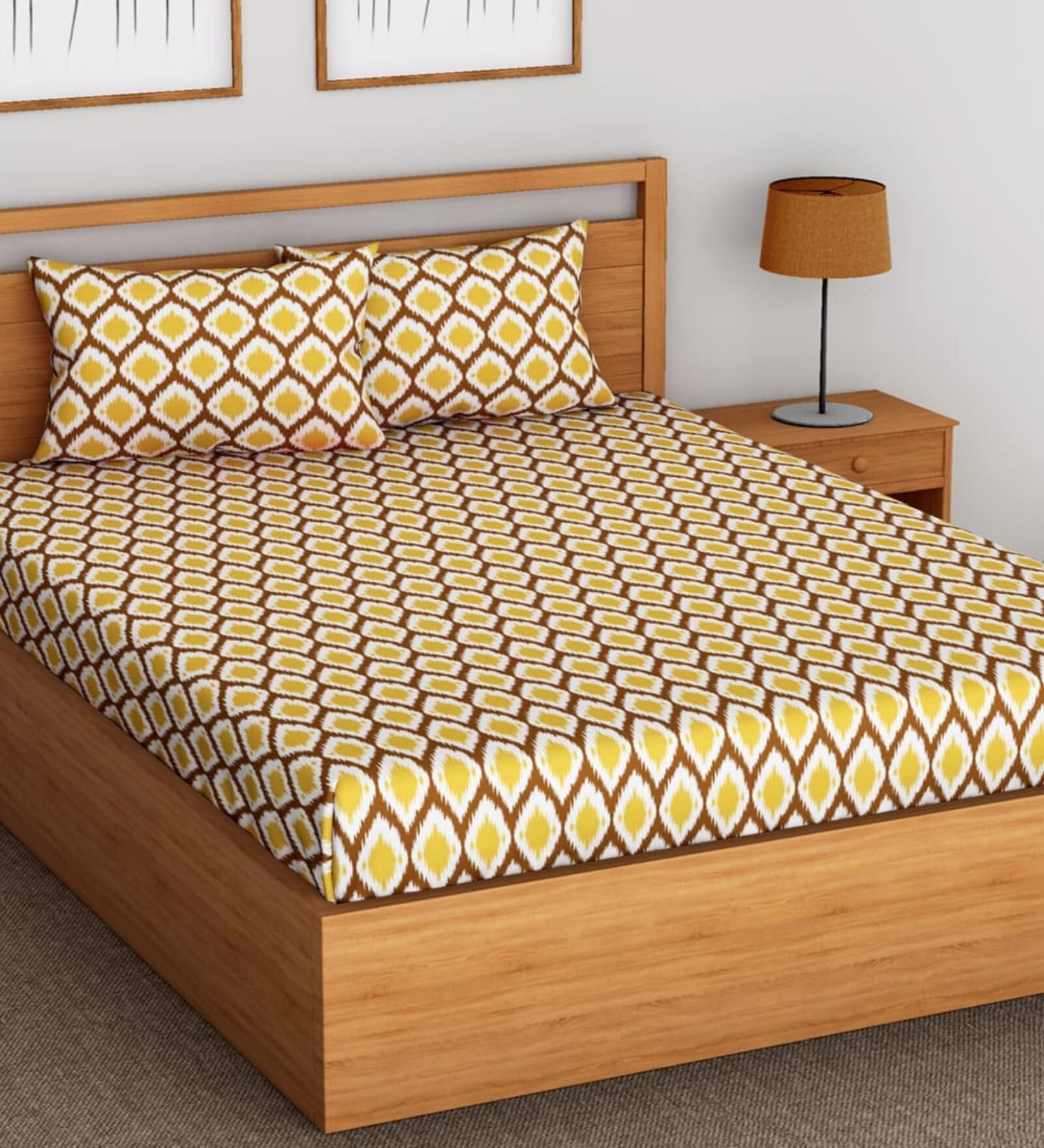 Mustard Abstract 144 TC 100% Cotton Fitted Bedsheet & 2 Pillow Covers