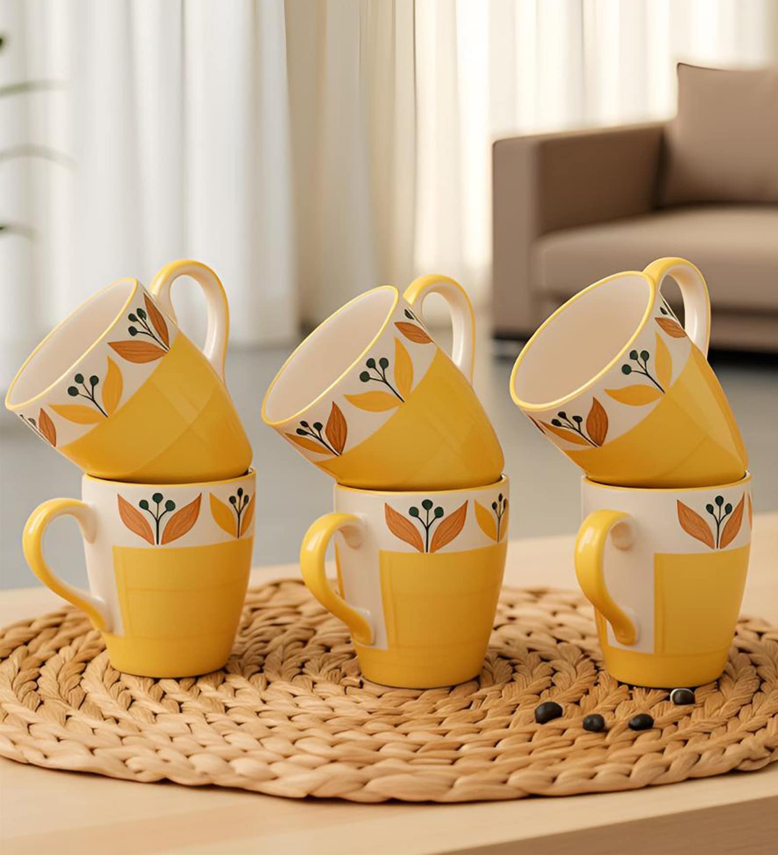 Mustard Bloom Coffee Mug Set of 6(275 ML Each) Microwave Safe Coffee Mugs