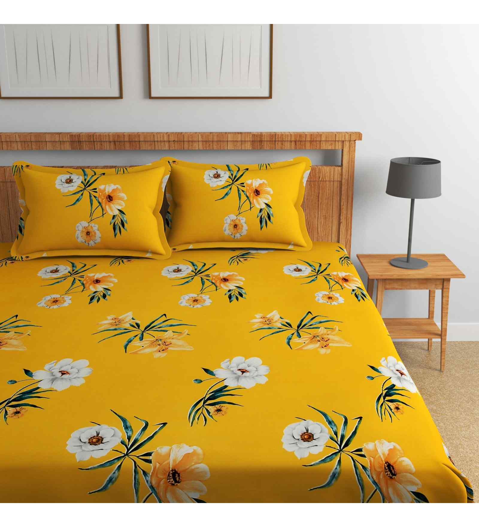 Mustard Floral 144 TC Cotton Queen Sized Bedsheet Bedsheet 2 Pillow Rose Collection
