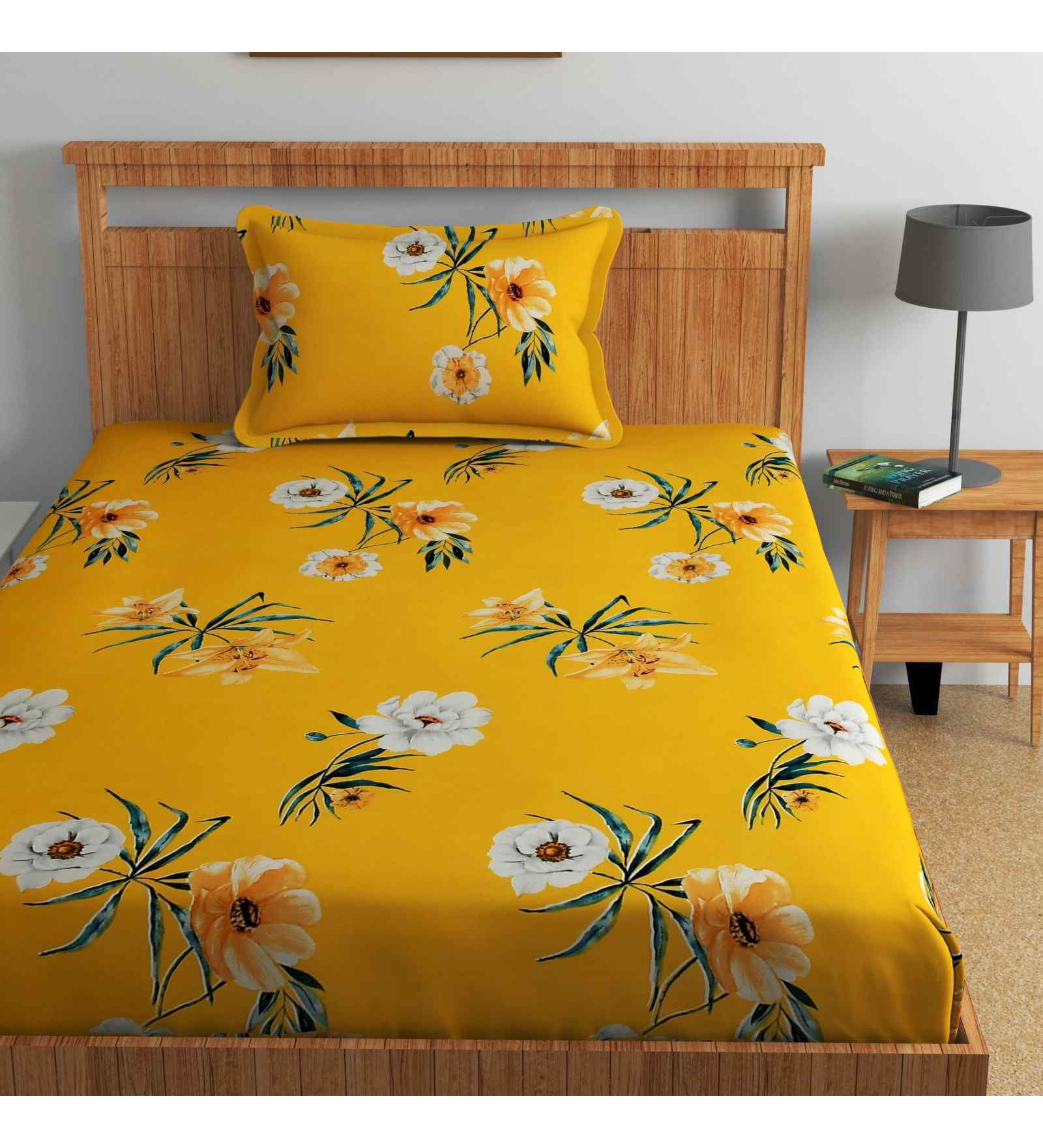 Mustard Floral 144 TC Cotton Single Bed Sheet Bedsheet 1 Pillow Rose Collection