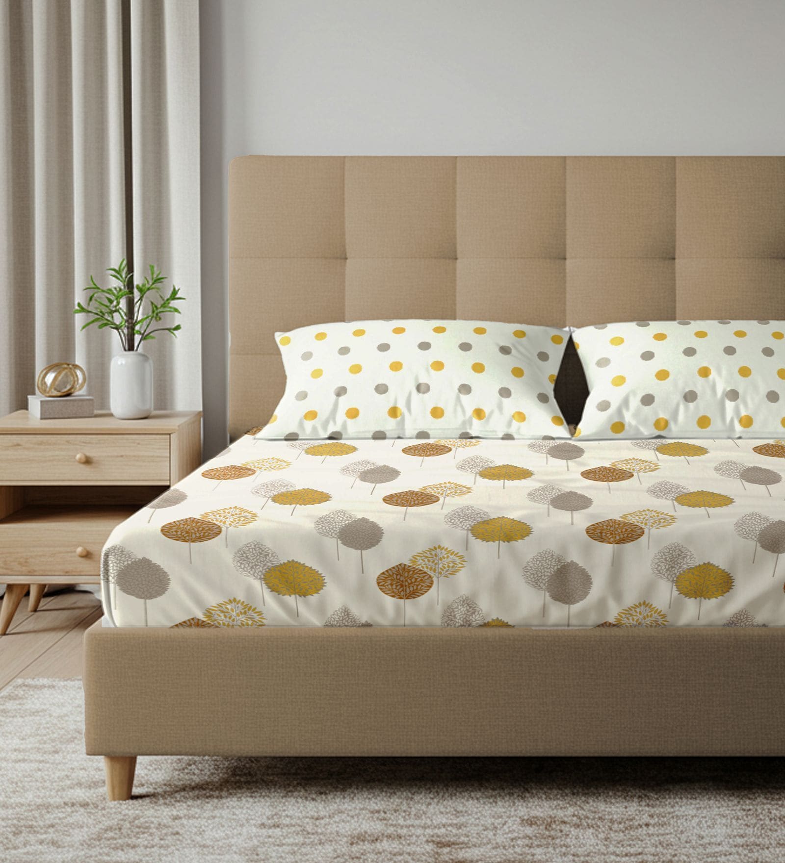 Mustard Floral 200 TC Cotton King Sized Bedsheet with 2 Pillow Covers