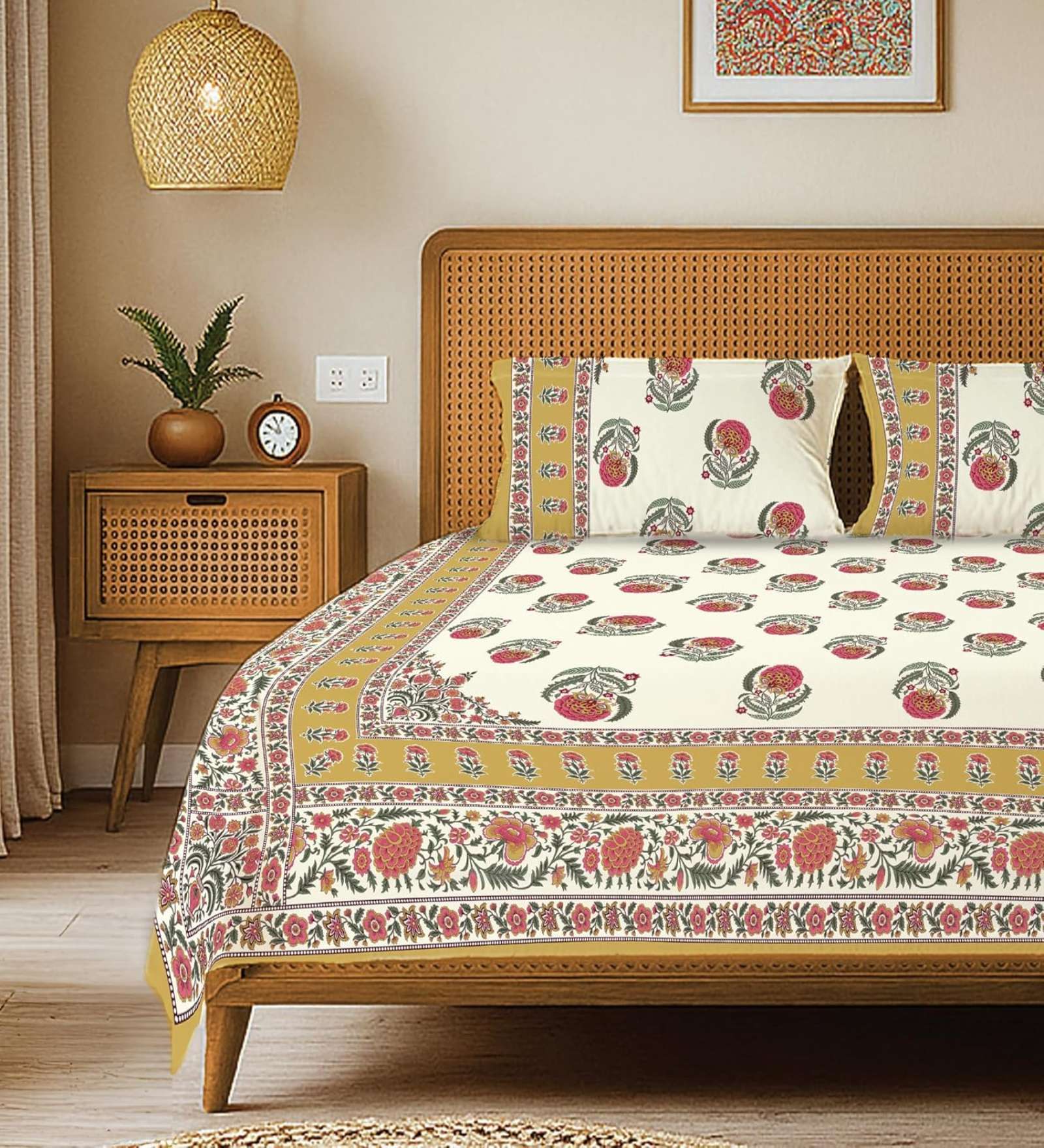 Mustard Floral 240 TC Cotton Double Bedsheet with 2 Pillow Covers