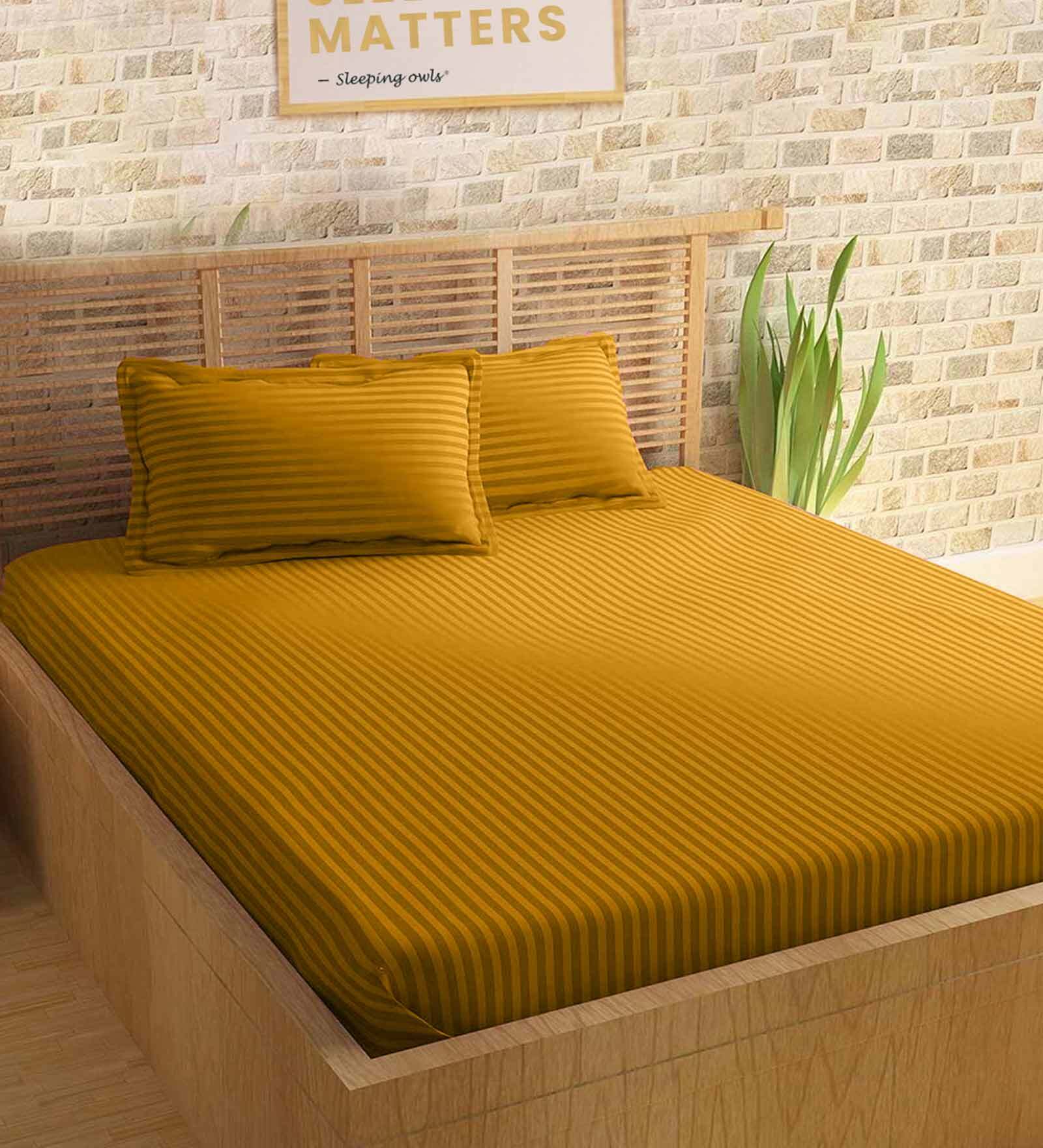 Buy Mustard Striped 210 TC 100 Cotton King Sized Bed Sheets with 2