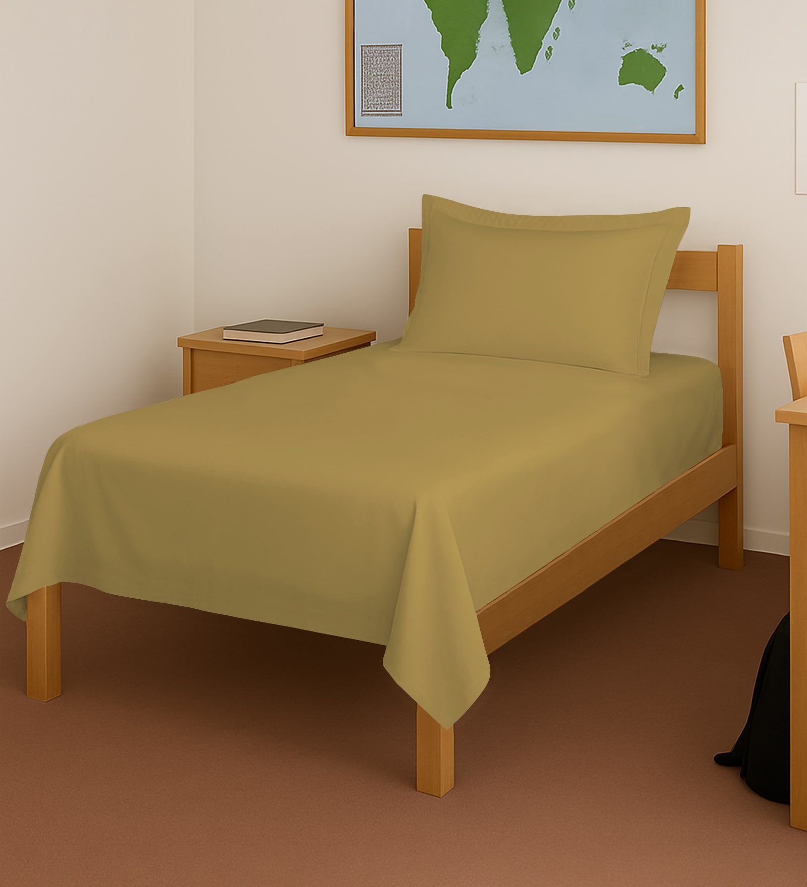 Mustard Gold Solid 400 TC Cotton Single Sized Bedsheet with 1 Pillow Cover