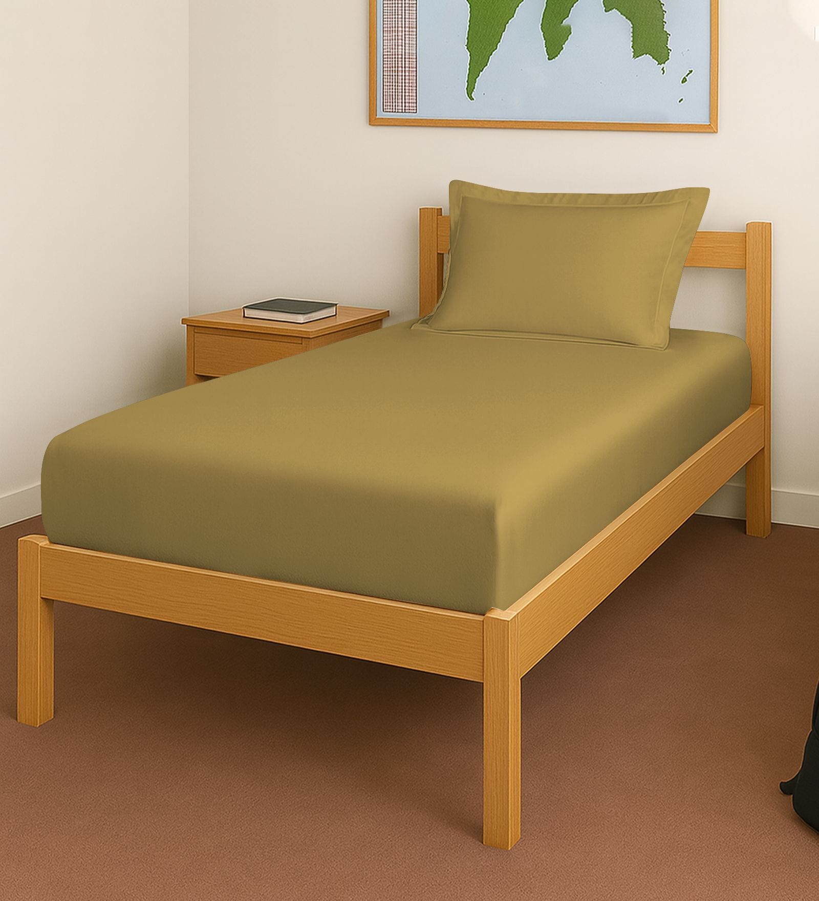 Mustard Gold Solid 400 TC Cotton Single Sized Fitted sheet with 1 Pillow Cover