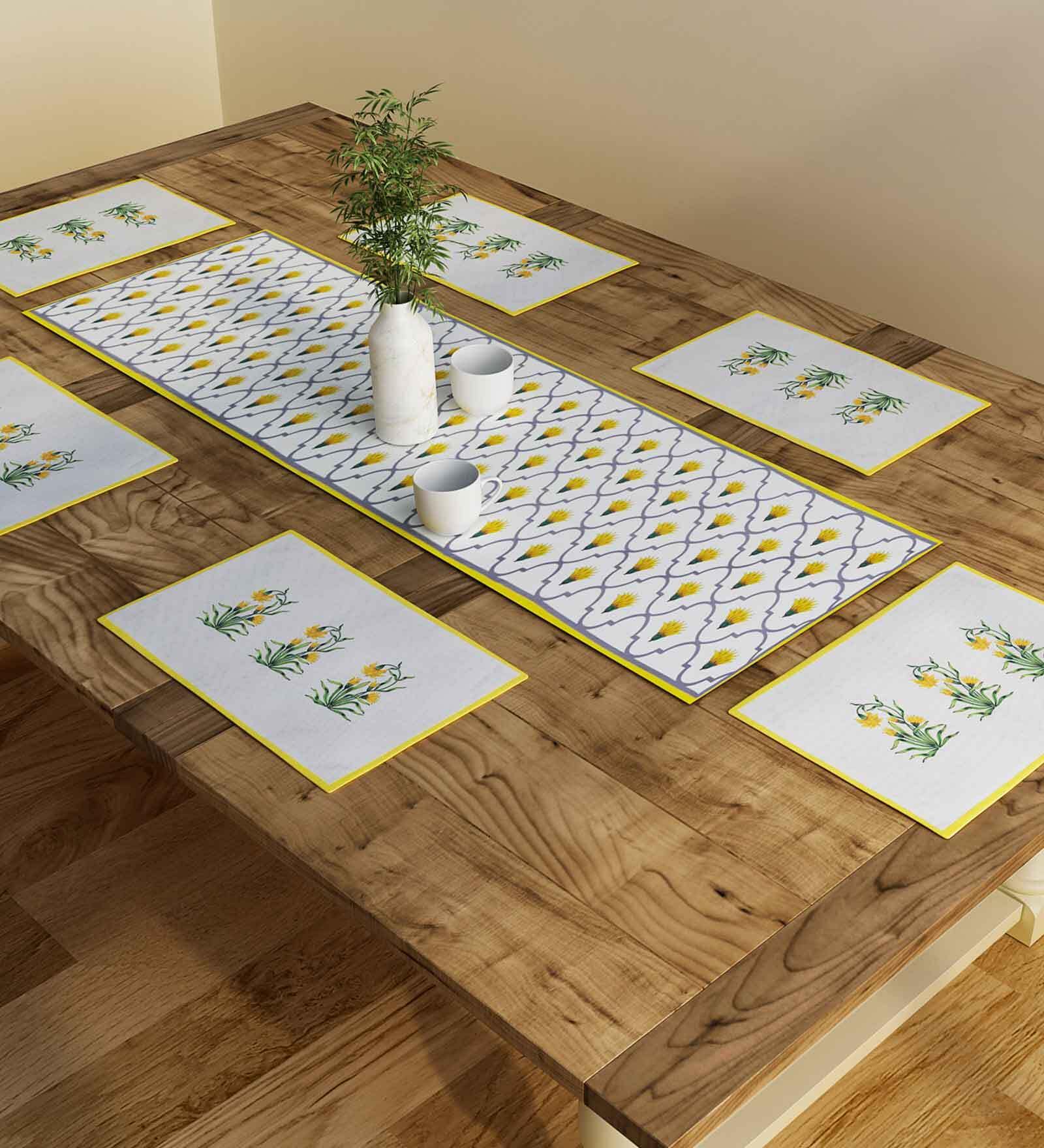 Floral (12x18) Mustard & White Poly Cotton (Set of 6) Table Linen Set