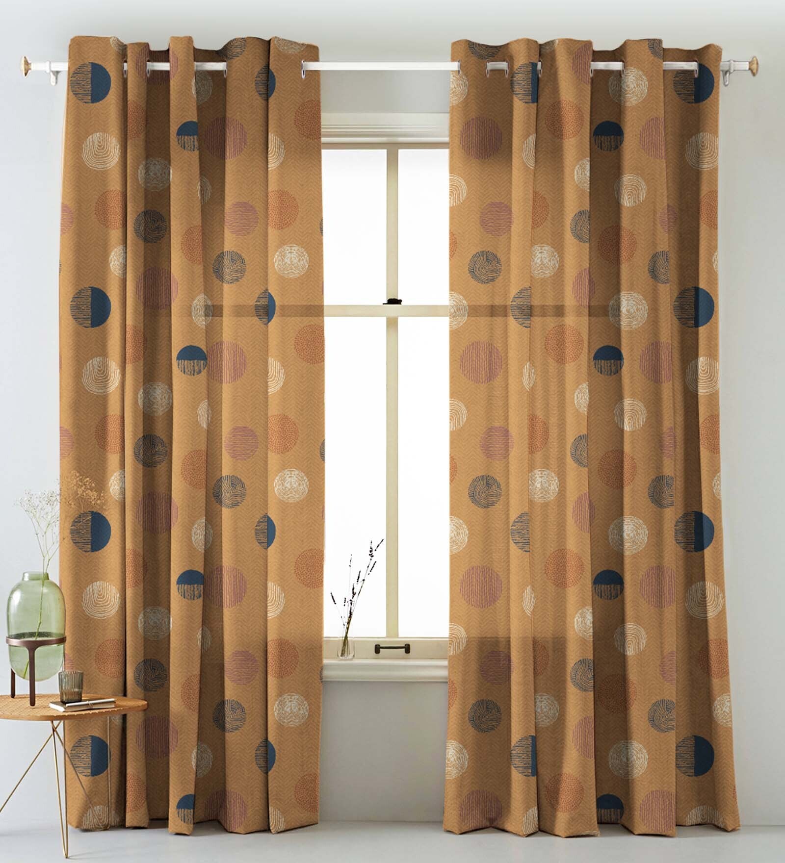 Mustard Polyester Abstract 5Ft Light Filtering Eyelet Window Curtains (Pack of 2)
