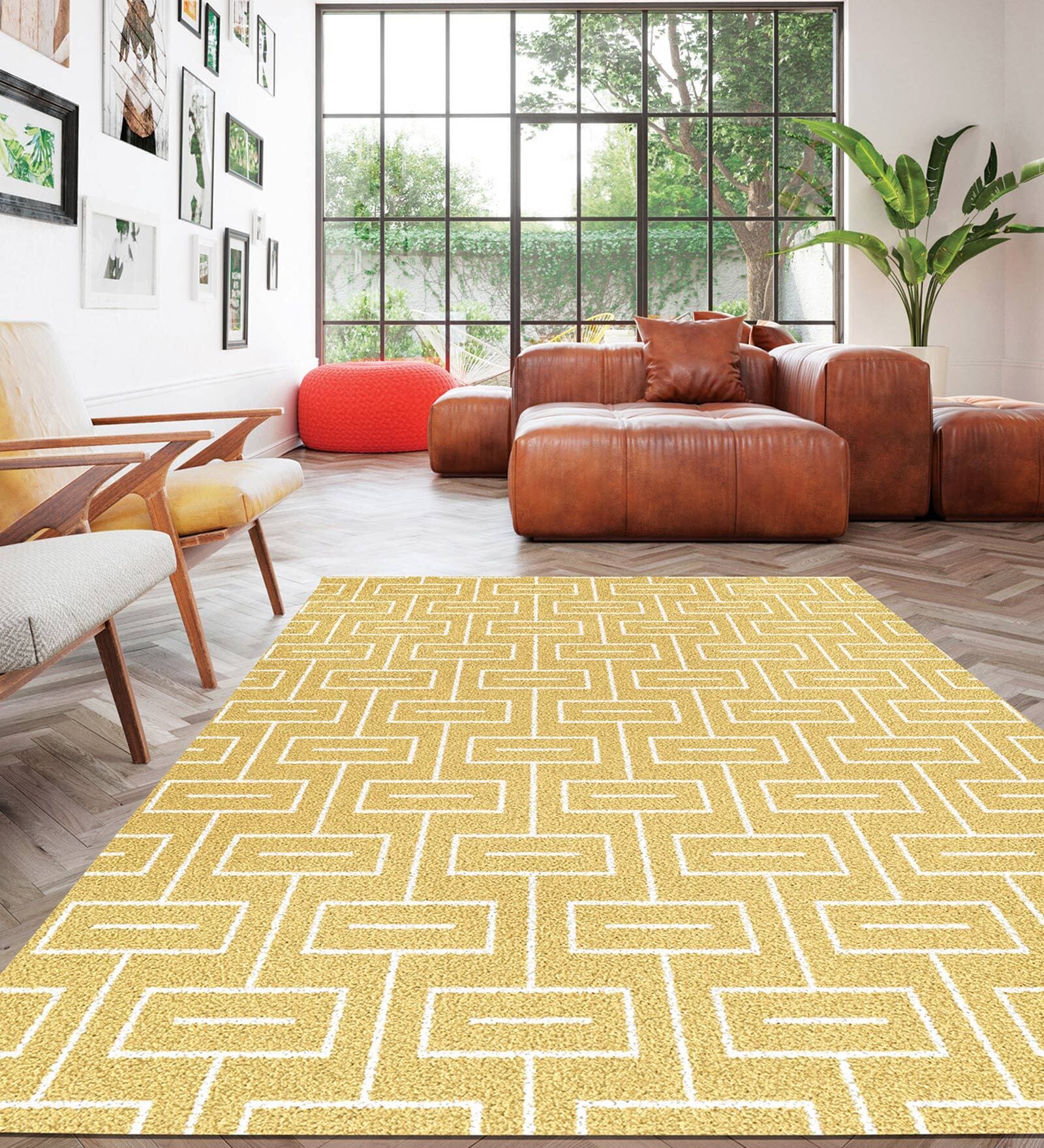 Mustard Polypropylene Geometrical 4 x 6 Feet Machine Made Carpet