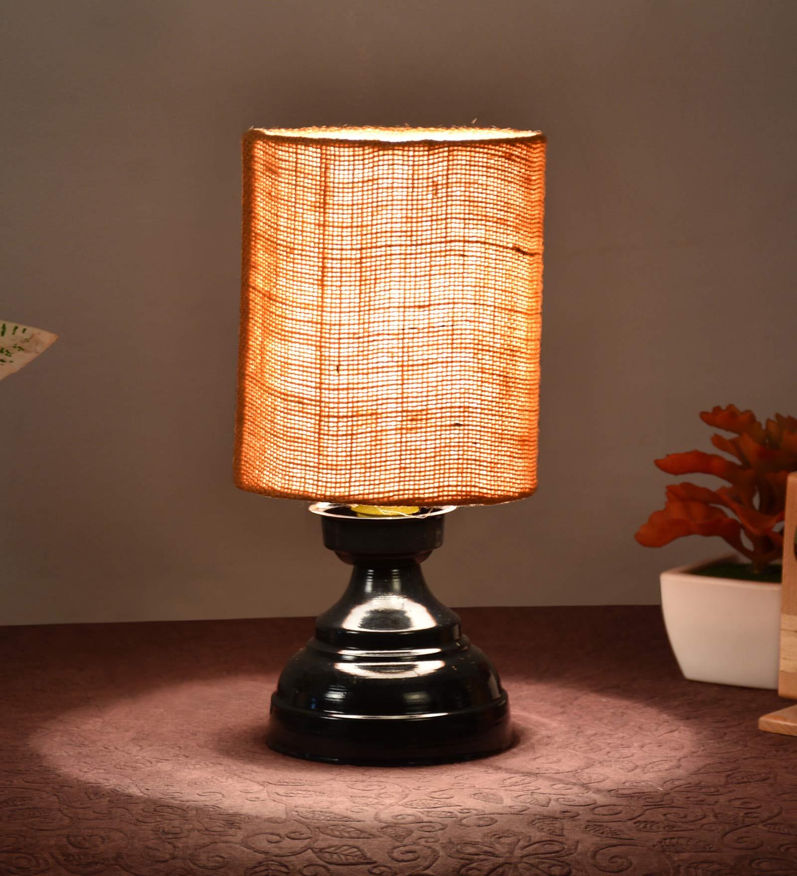 Tarter Mustard Natural Fiber Shade Night Lamp With Metal Base