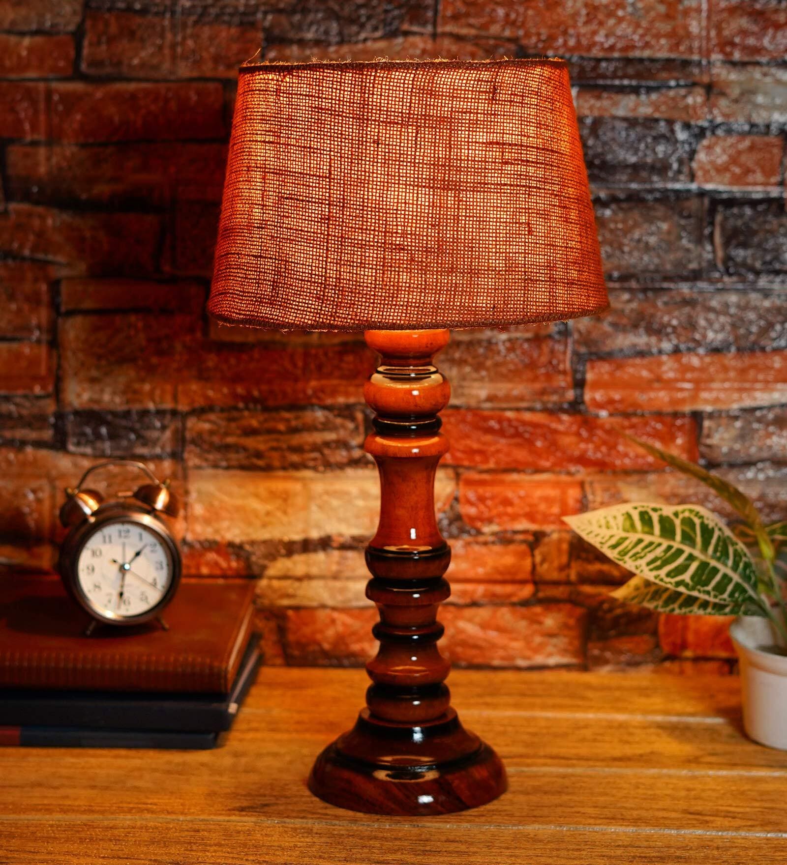 Fergal Mustard Natural Fiber Shade Night Lamp With Wood Base