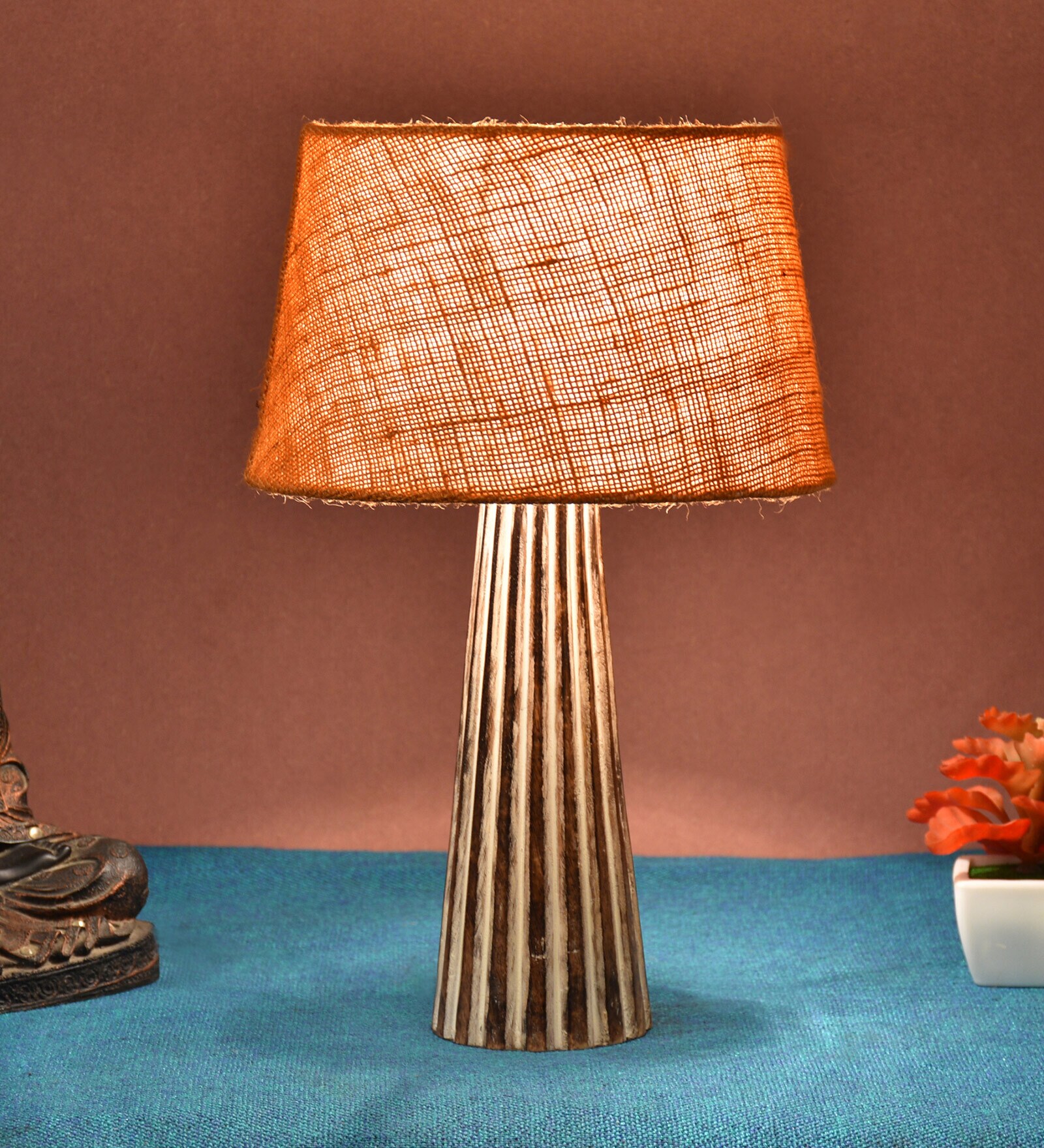 Shiny Mustard Natural Fiber Shade Night Lamp With Wood Base