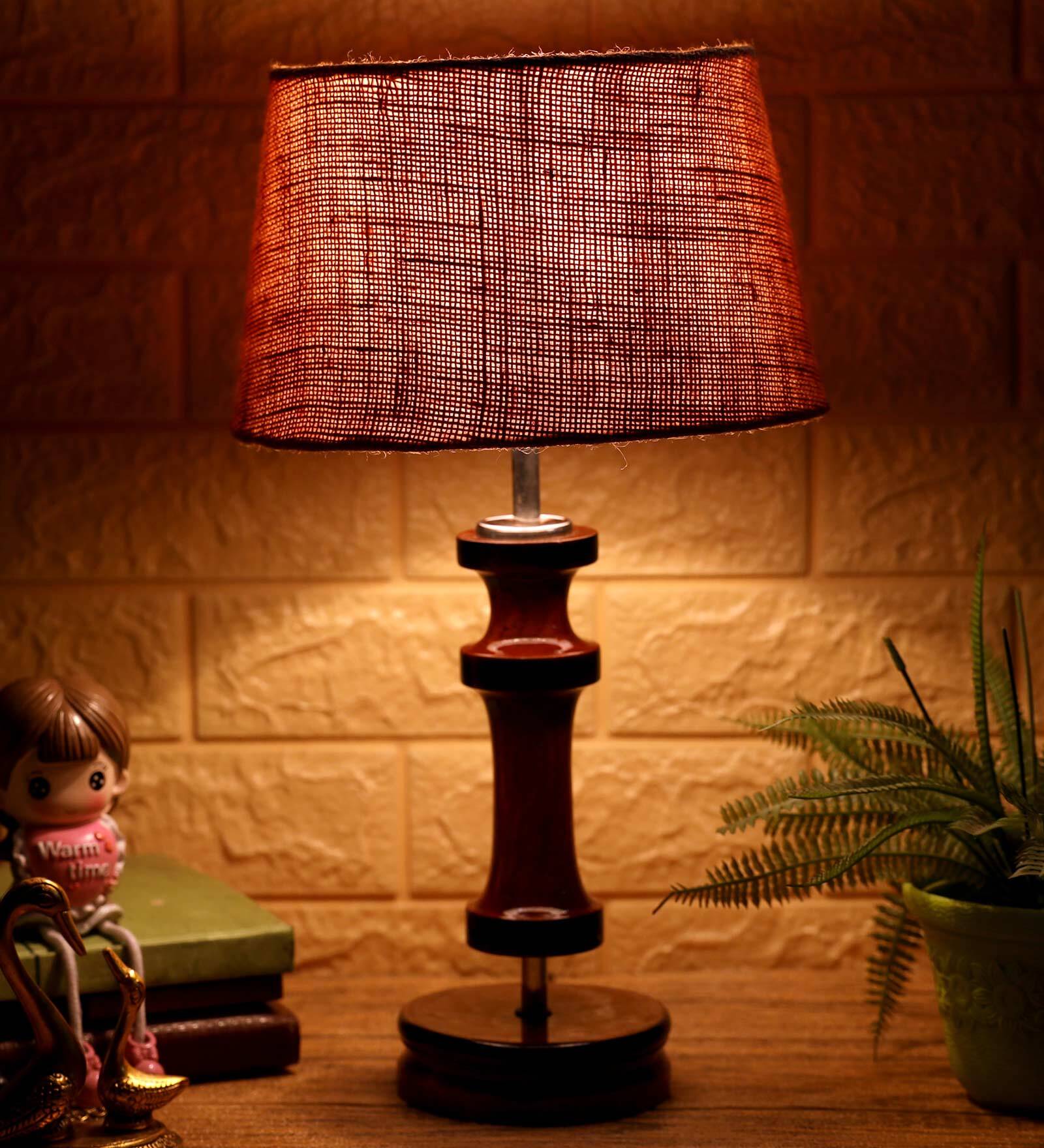 Venice Mustard Natural Fiber Shade Night Lamp With Wood Base