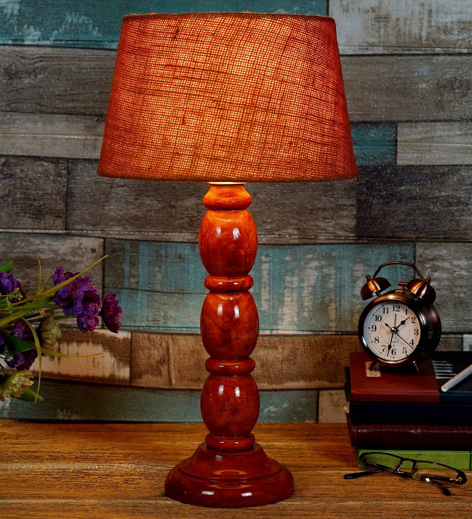 Emmett Mustard Natural Fiber Shade Night Lamp With Wood Base