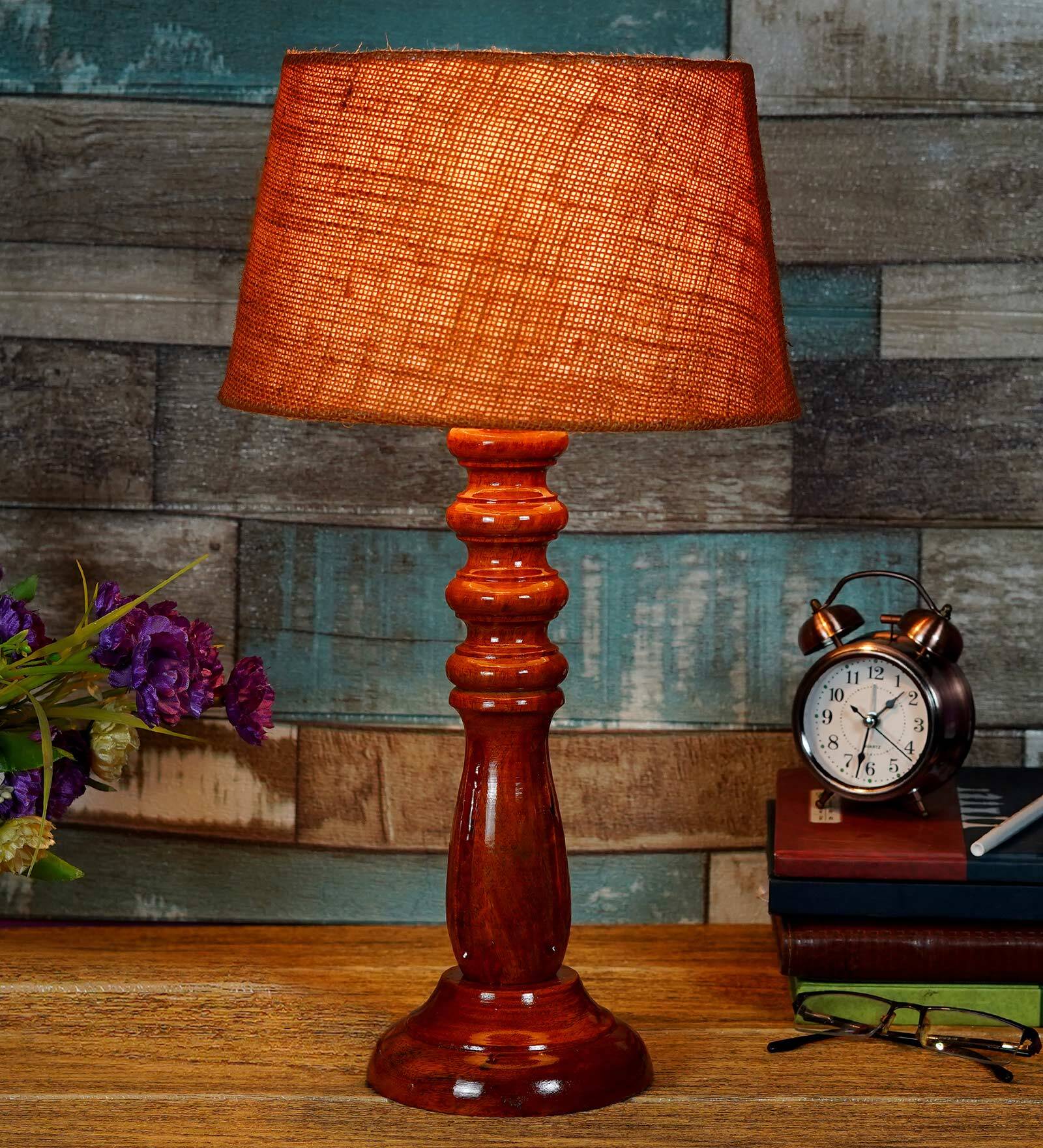 Festiva Mustard Natural Fiber Shade Night Lamp With Wood Base