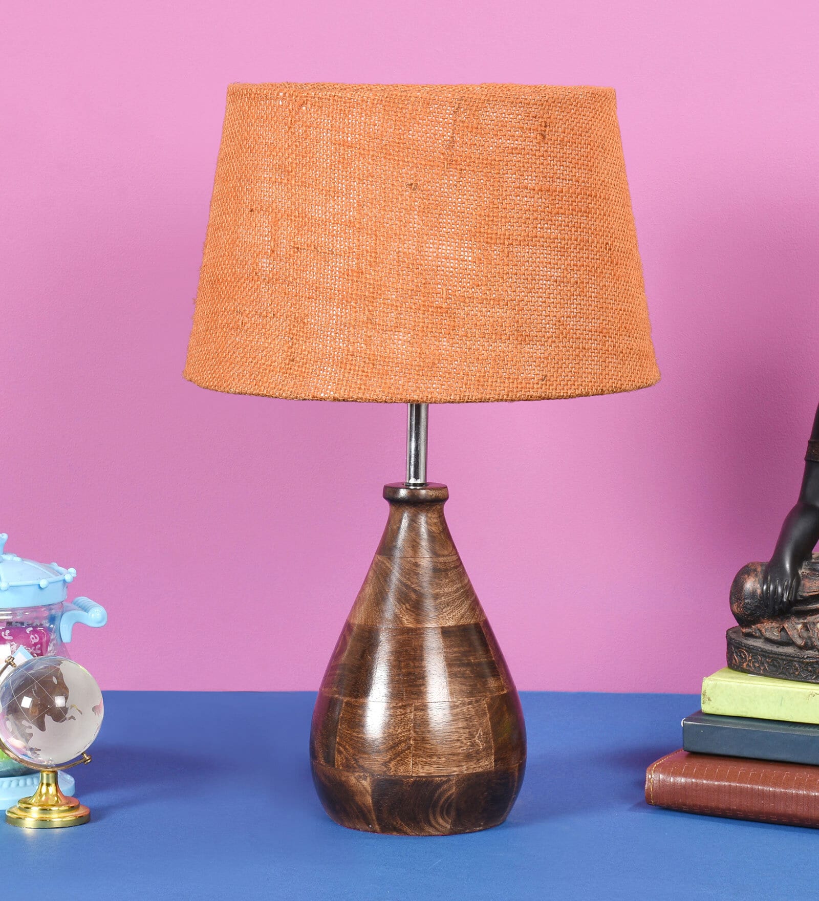Caracas Mustard Natural Fiber Shade Night Lamp With Wood Base