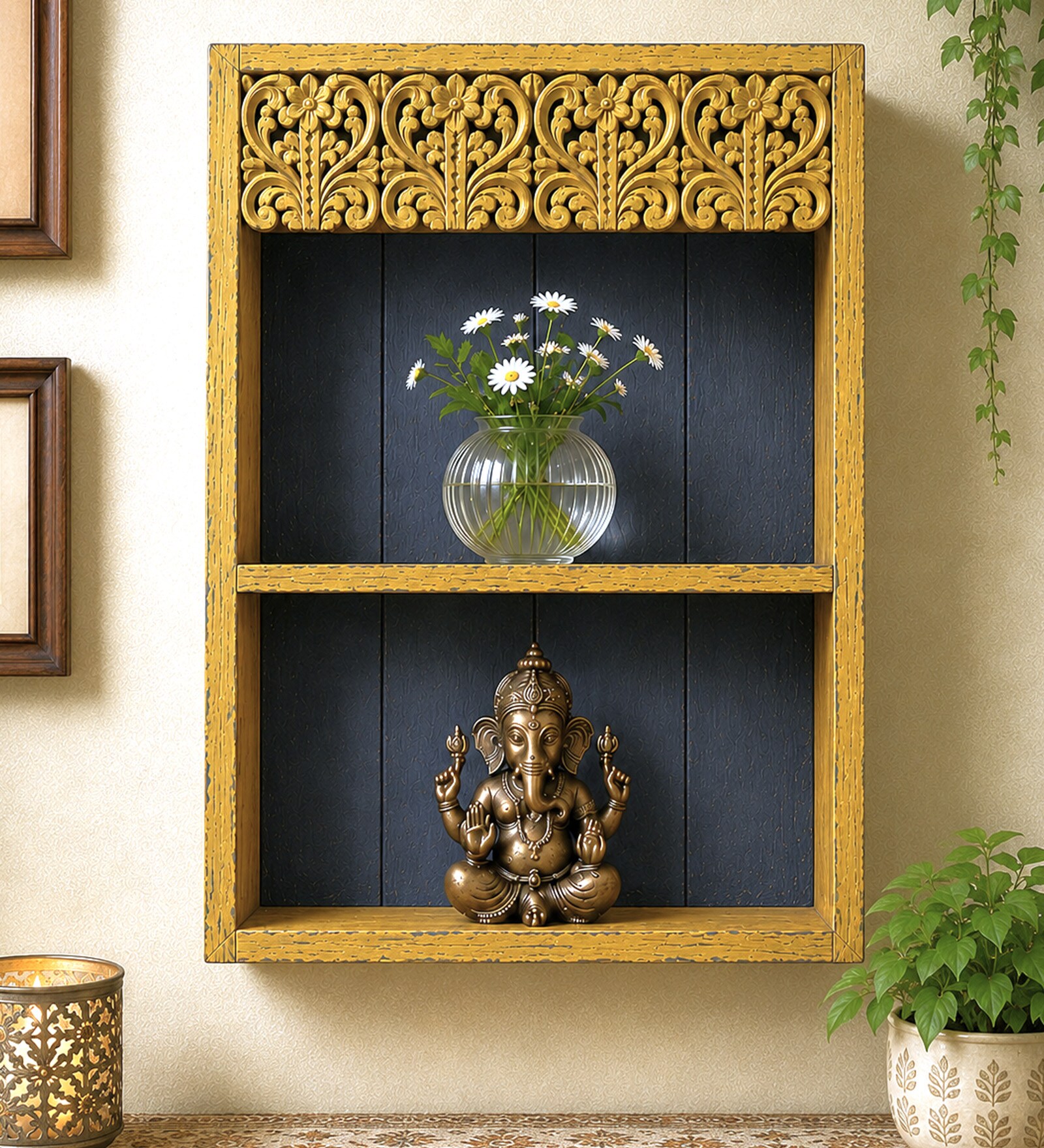 Mustard Solid Wood Handcarved Pitambara Floating Wall Shelf With 2 Compartments