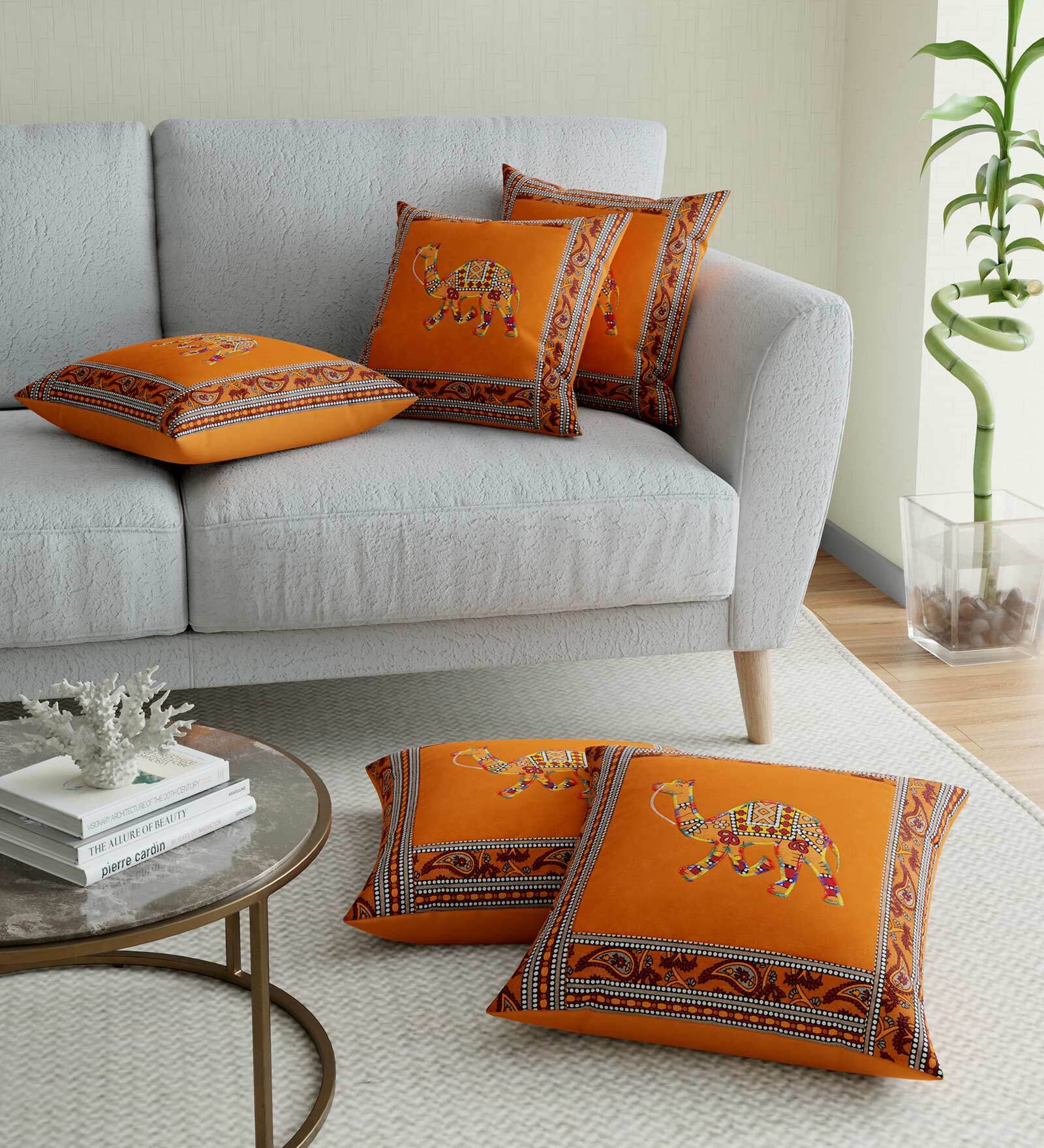 Buy Mustard Traditional Cotton Embroidered Cushion Cover by JAIPUR