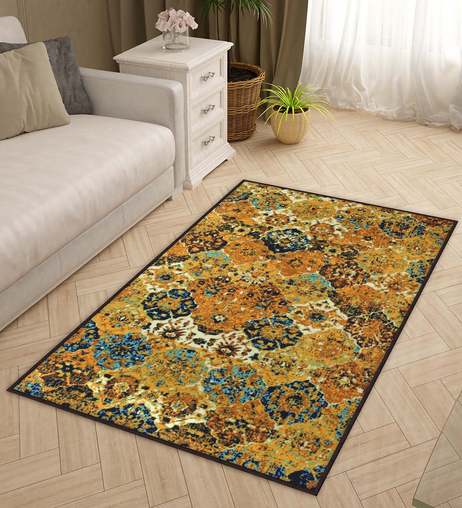 Mustard Traditional Polyester 3 ft x 5 ft Machine Made Carpet