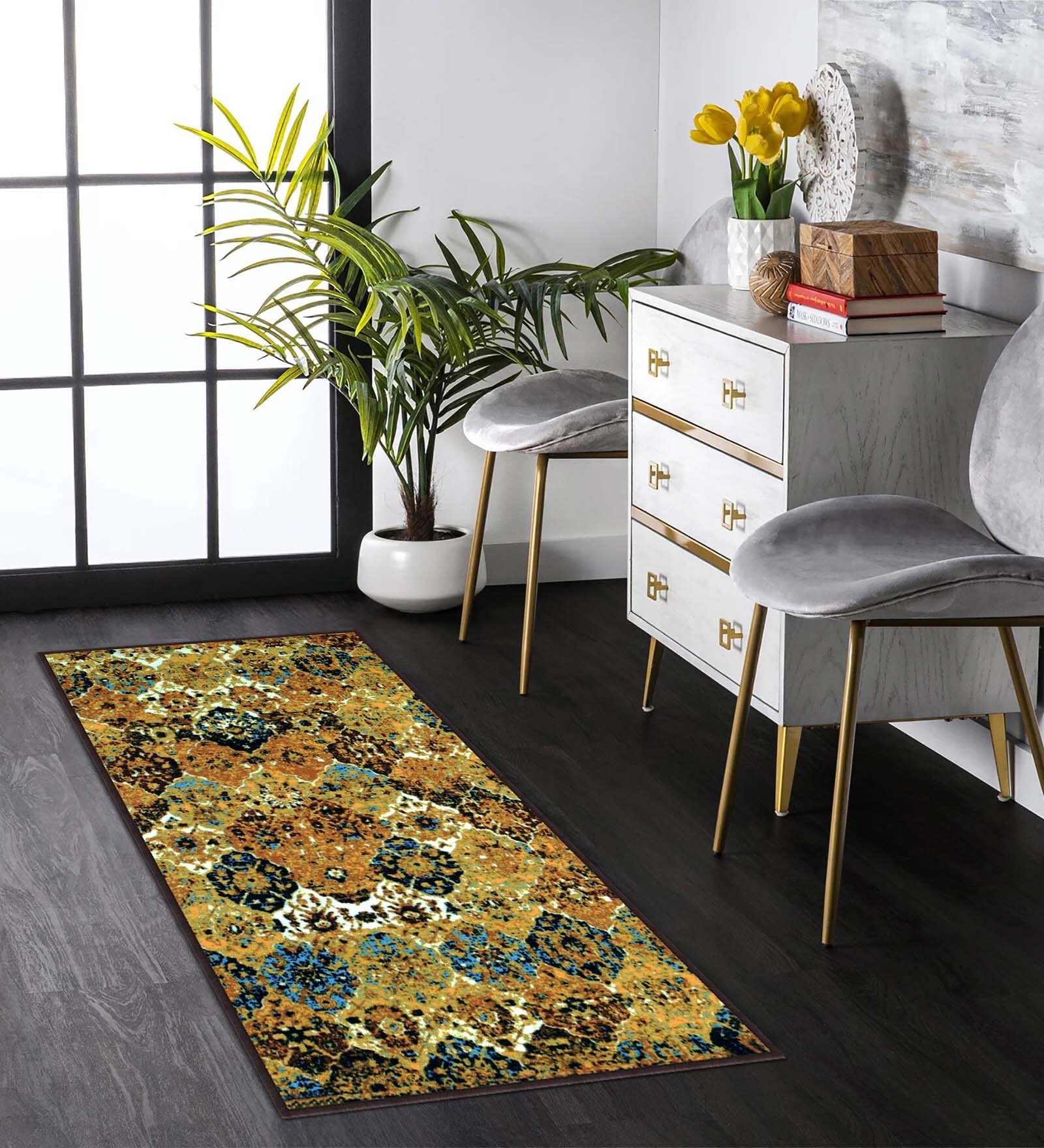 Mustard Traditional Polyester 5 ft x 2 ft Machine Made Runner