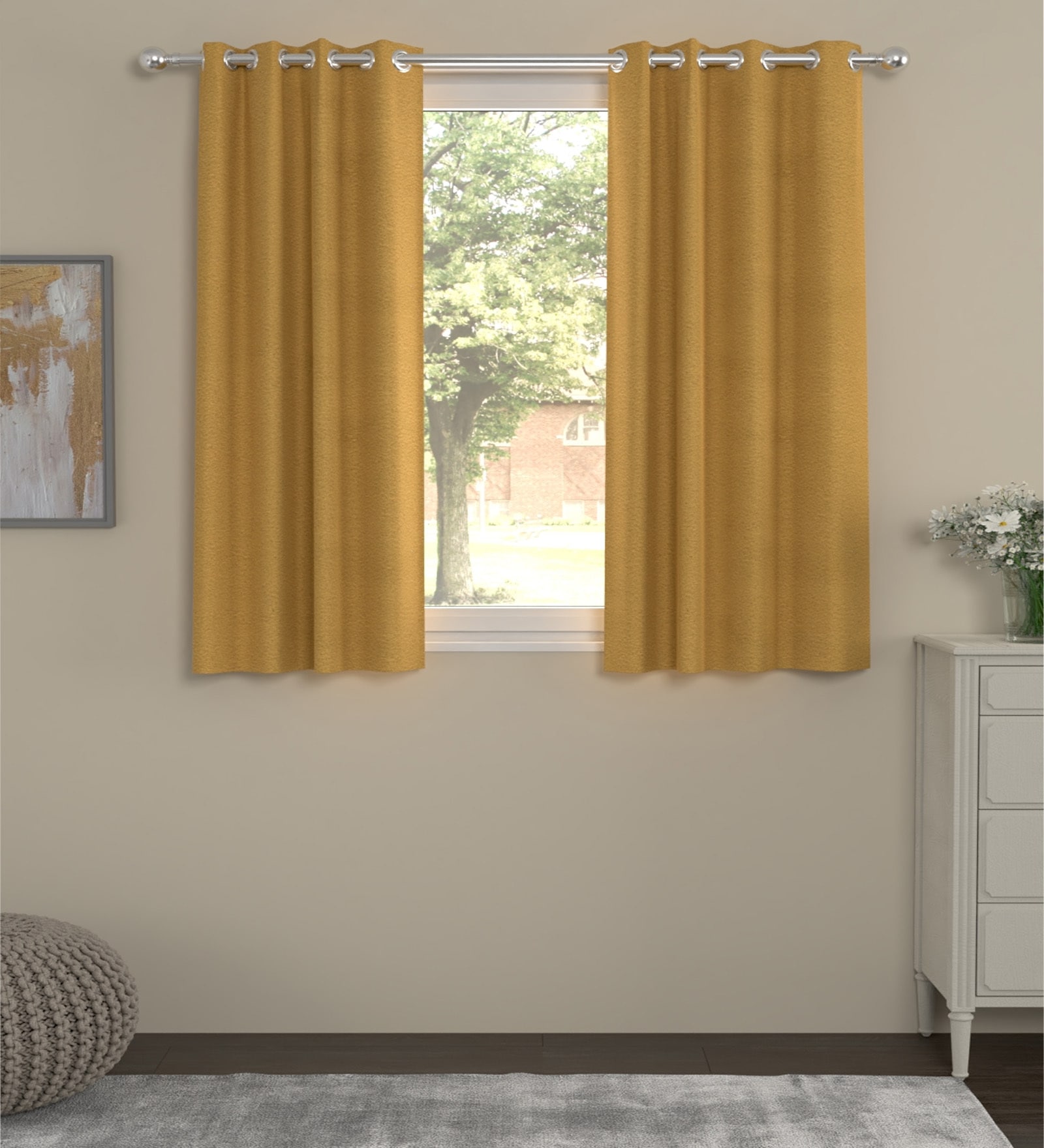 Mustard Velvet Solid 5ft Regular Eyelet Window Curtains (2 Pc)