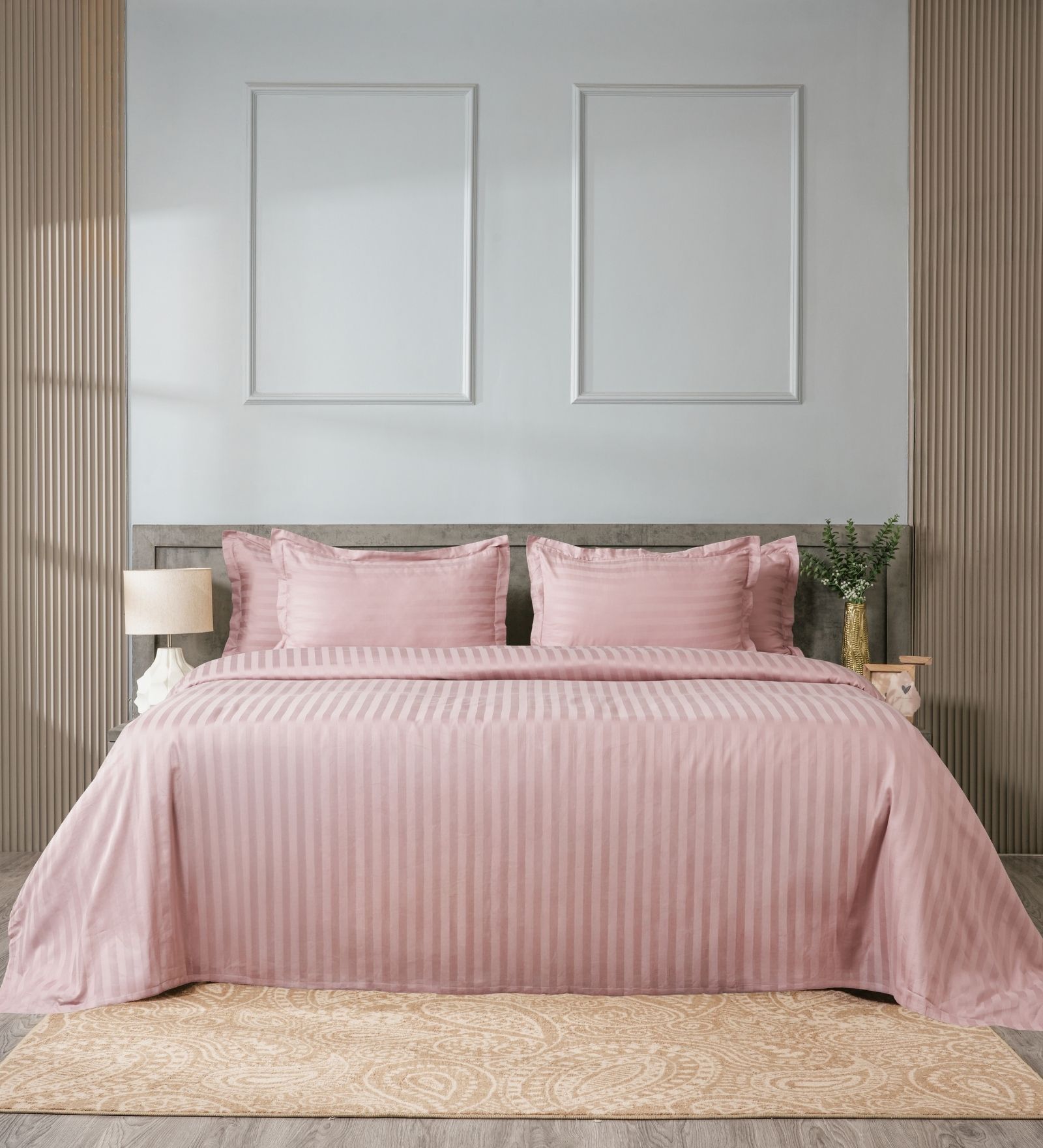 Pink 300TC 100% Cotton Stripe Flat Super King Bedsheet with 2 Pillow Covers
